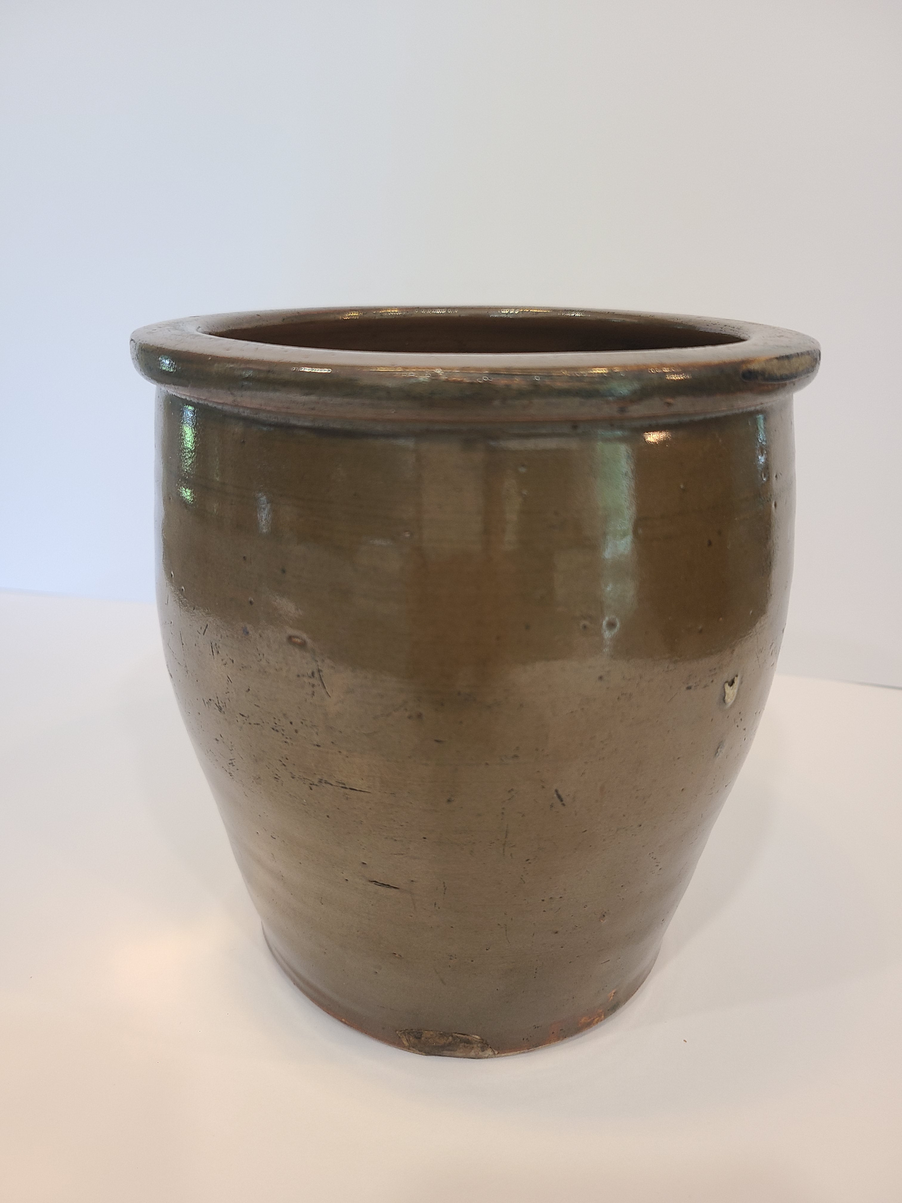 Vintage Handmade Brown Glazed Stoneware Crock.