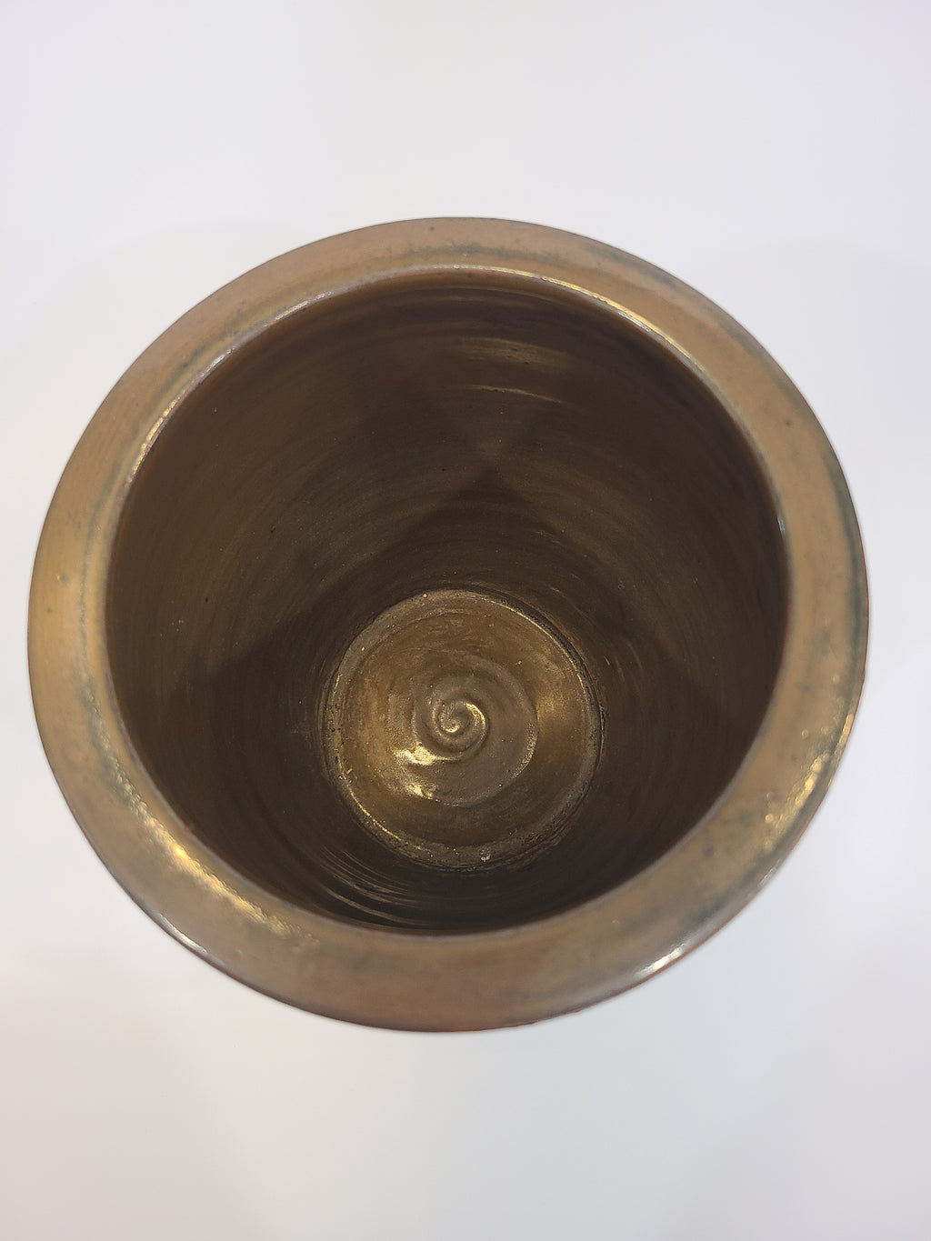 Vintage Handmade Brown Glaze Stoneware Crock shown from above.