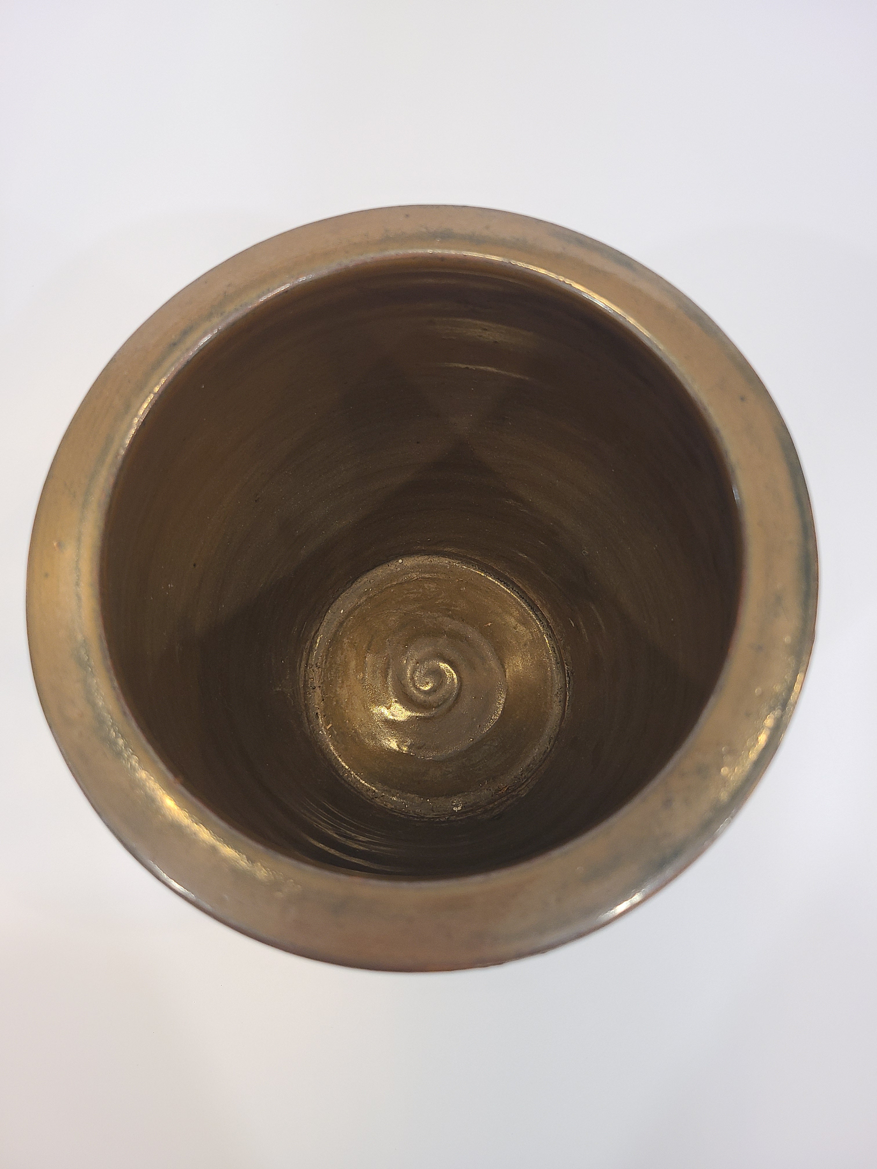Vintage Handmade Brown Glaze Stoneware Crock shown from above.