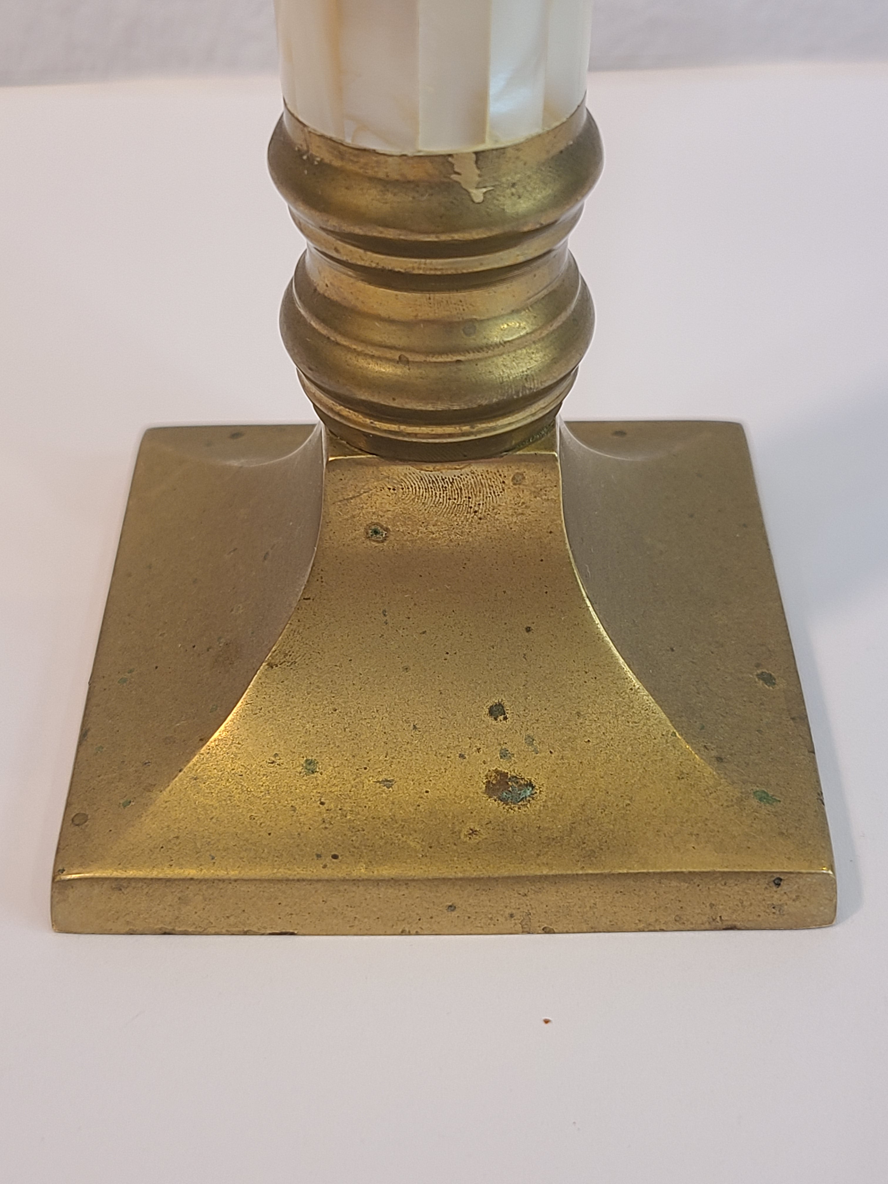 Base of Brass and Mother of Pearl Hollywood Regency Candle Holder 1970s