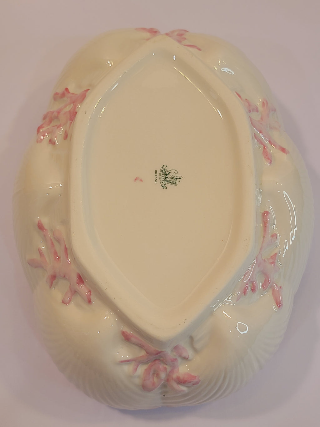 Bottom of Belleek Ireland Neptune Pattern Earthenware Bowl with shells and coral 1970s
