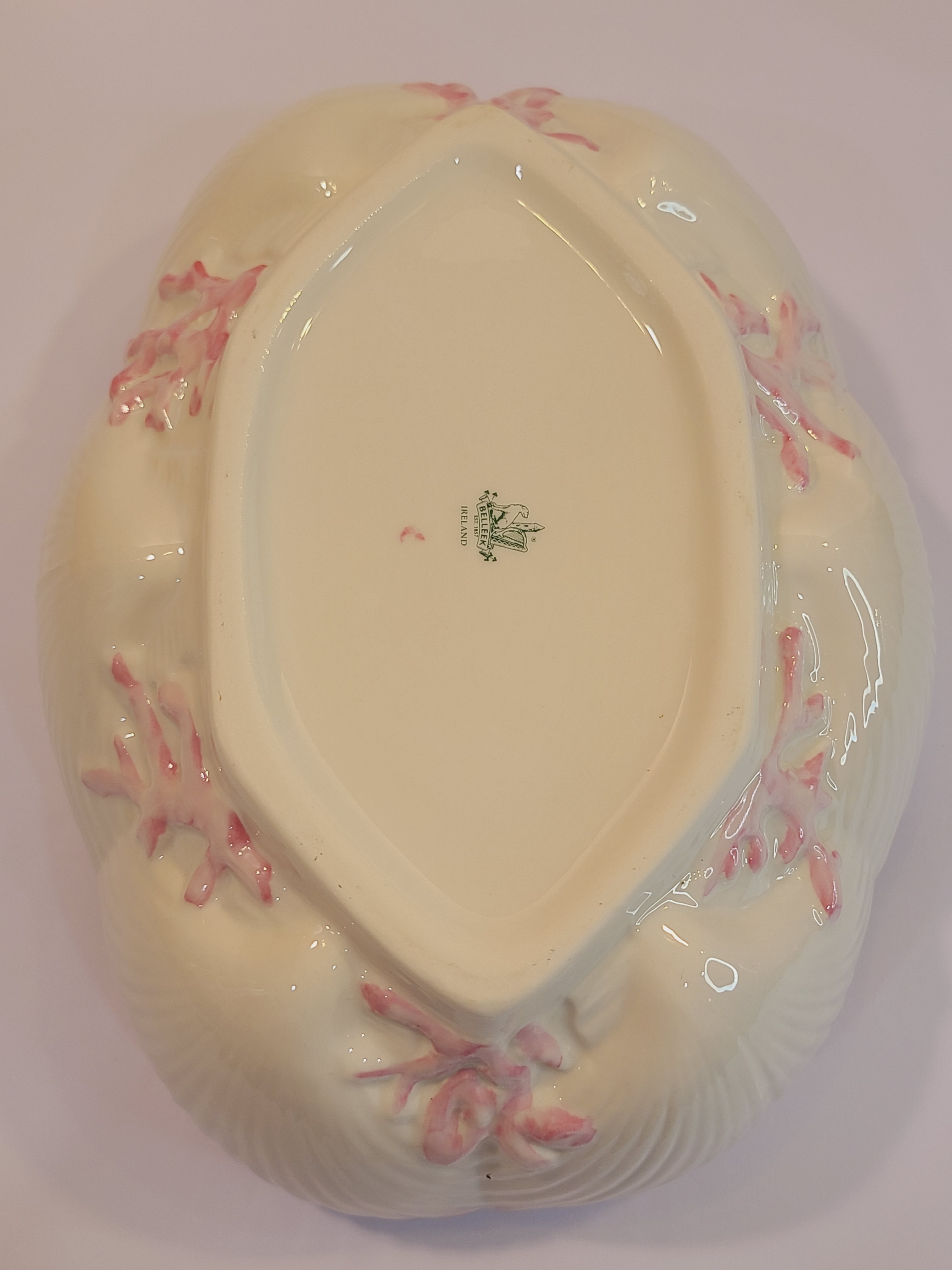Bottom of Belleek Ireland Neptune Pattern Earthenware Bowl with shells and coral 1970s
