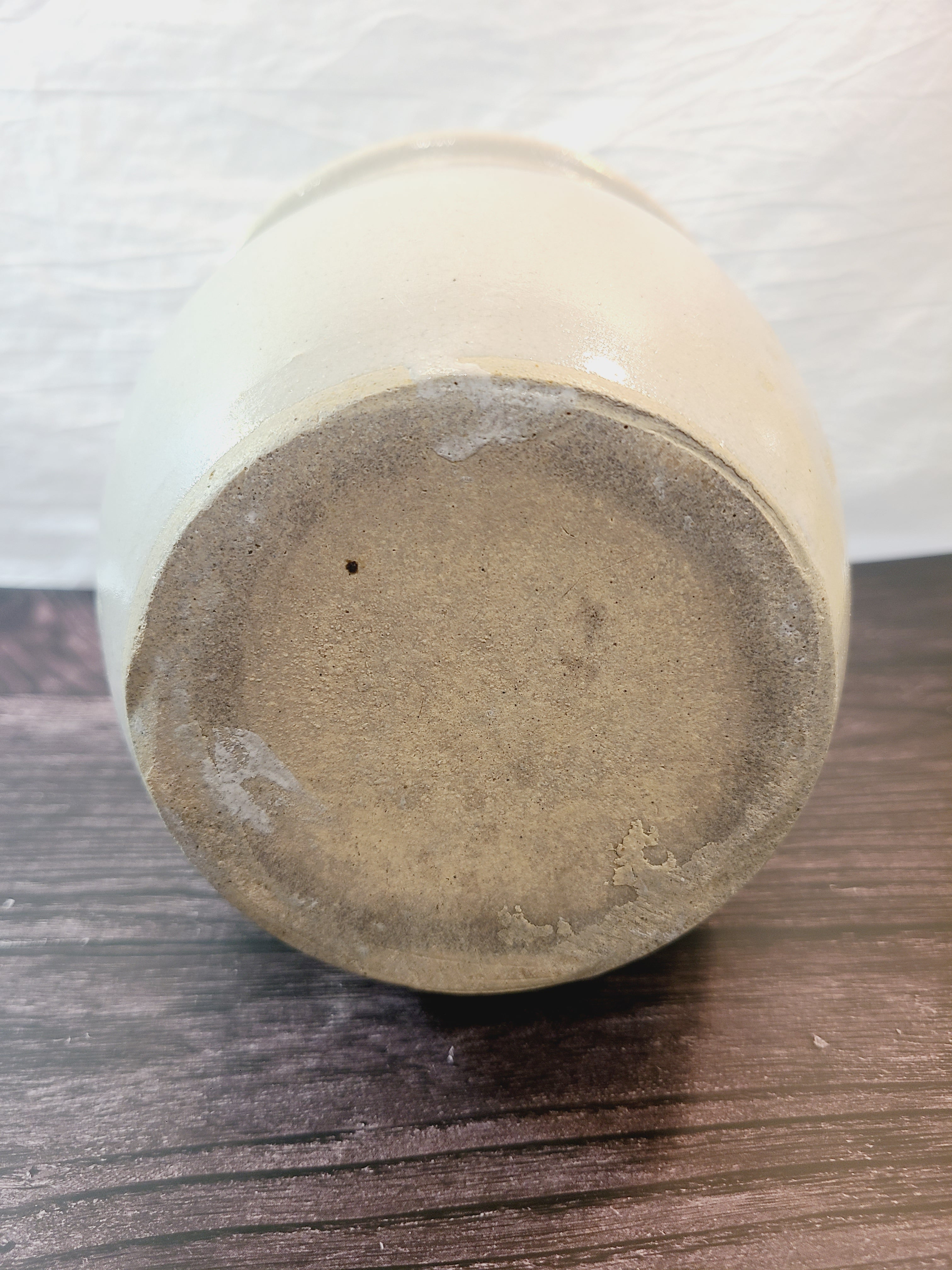 Bottom of Vintage Handmade White Glazed Crock.