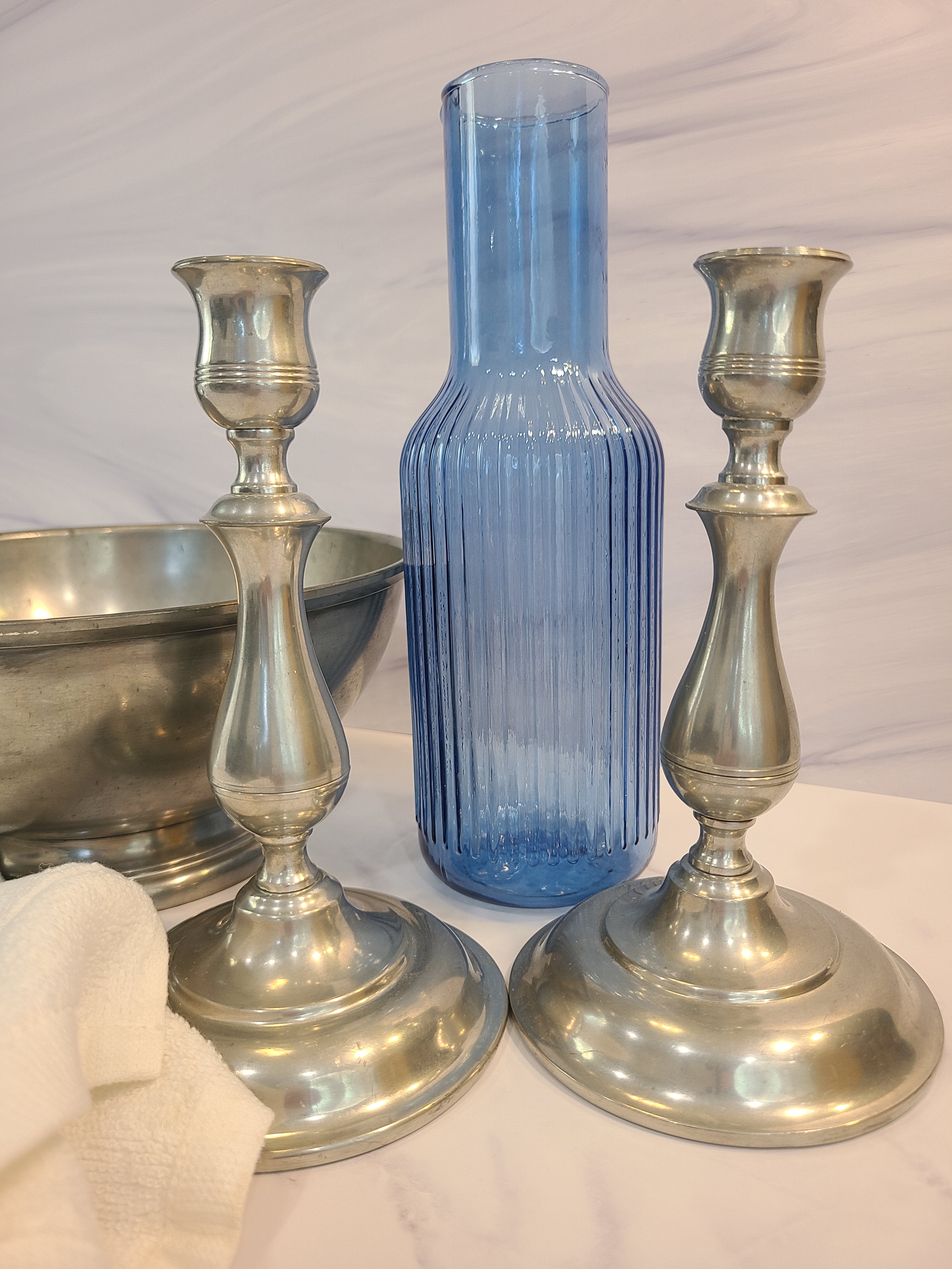 Pair of vintage Stieff Pewter Candle holders stamped DuPont styled with blue carafe and pewter bowl.