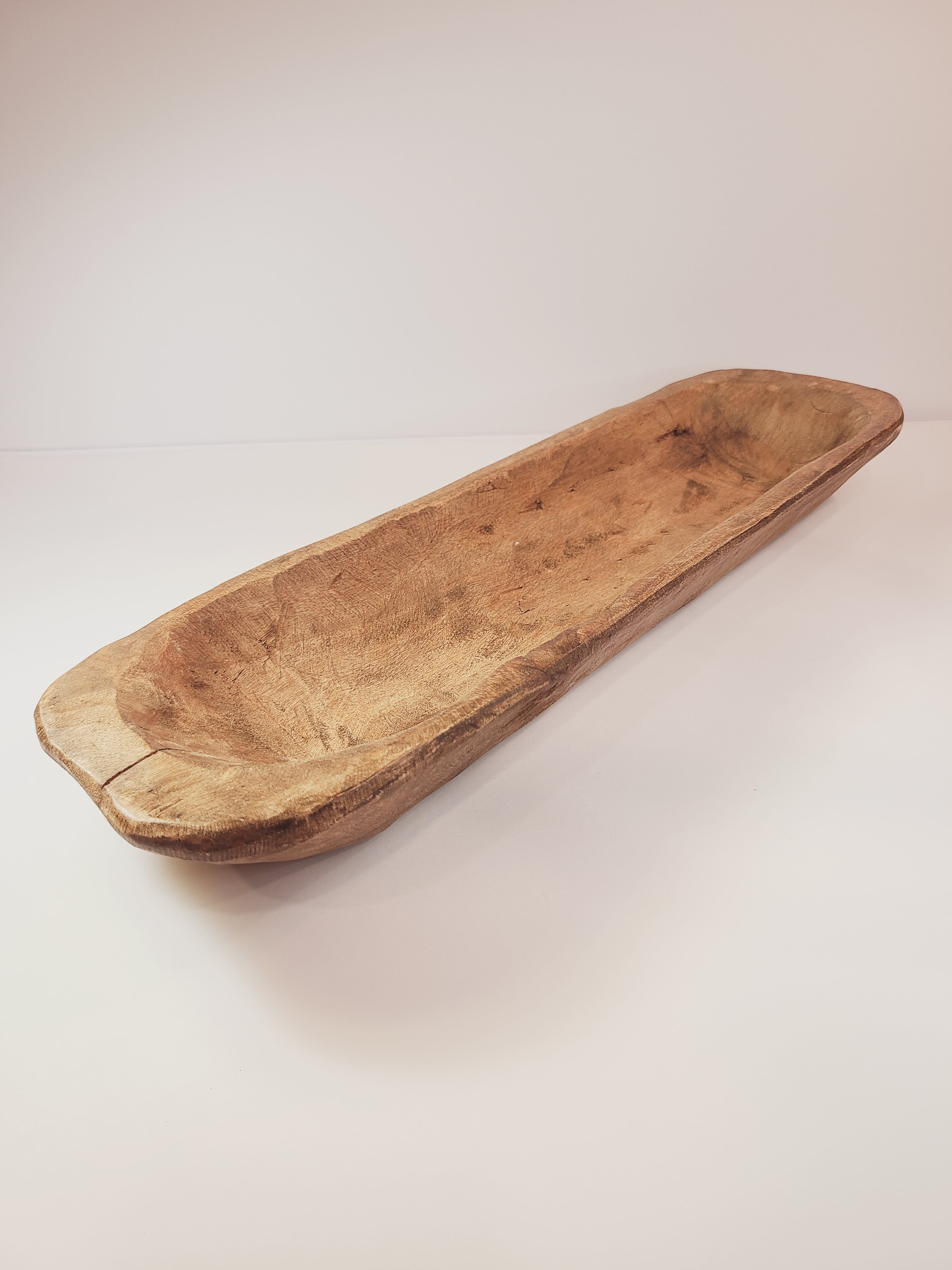 Oblong vintage Handcrafted Wood Dough Bowl on white background