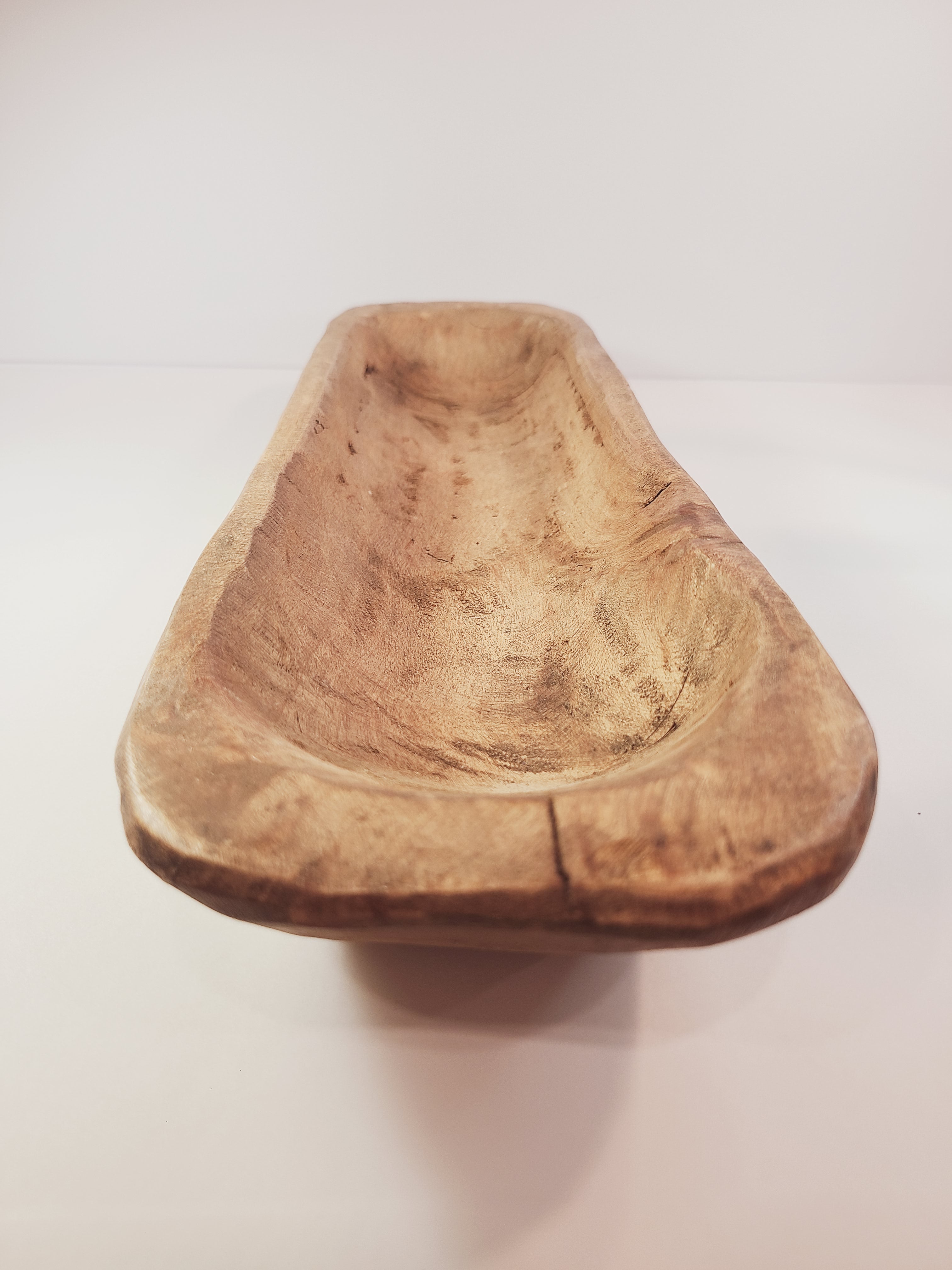 Short end of Oblong vintage Handcrafted Wood Dough Bowl.