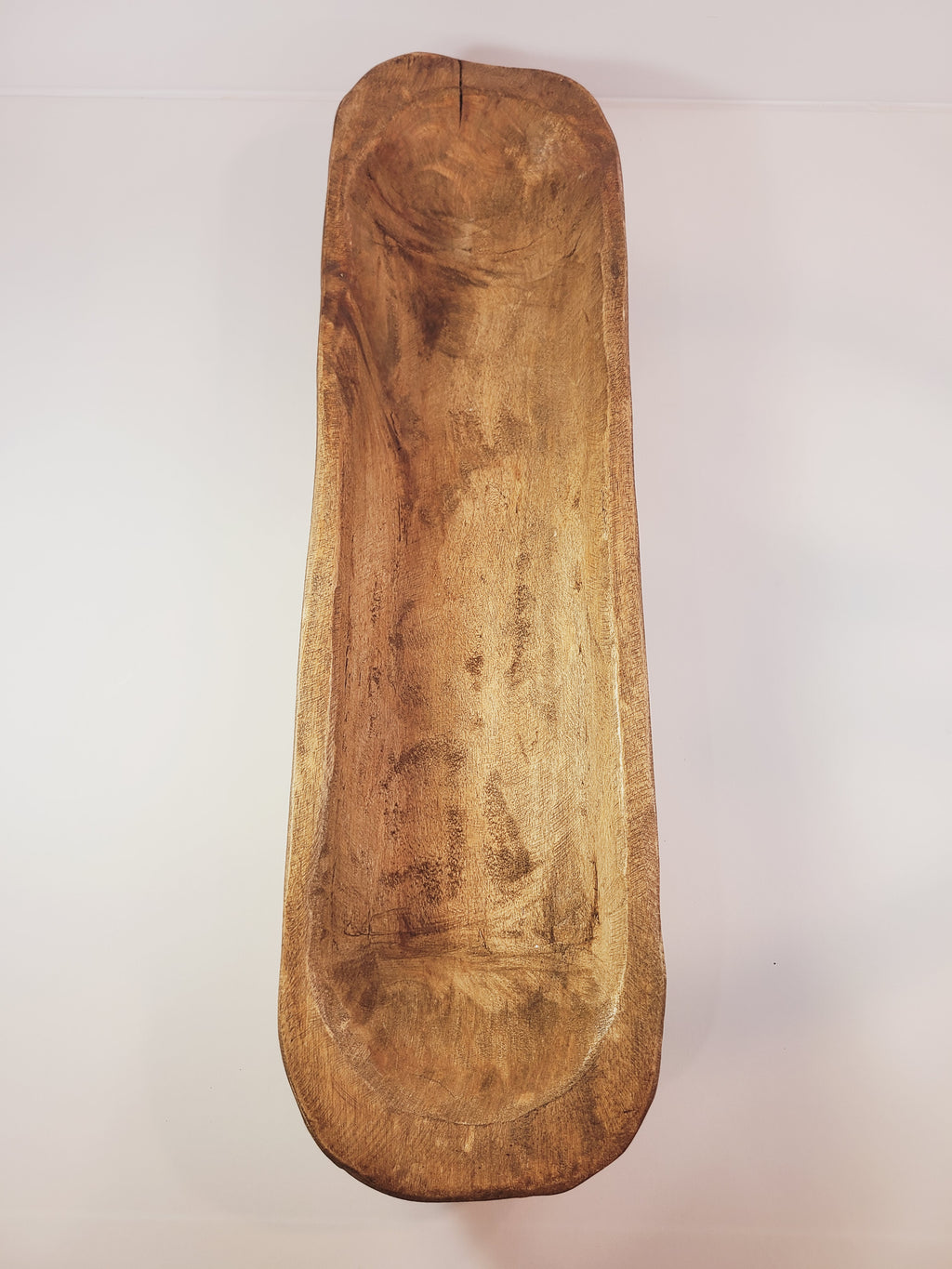 Oblong vintage Handcrafted Wood Dough Bowl shown from above