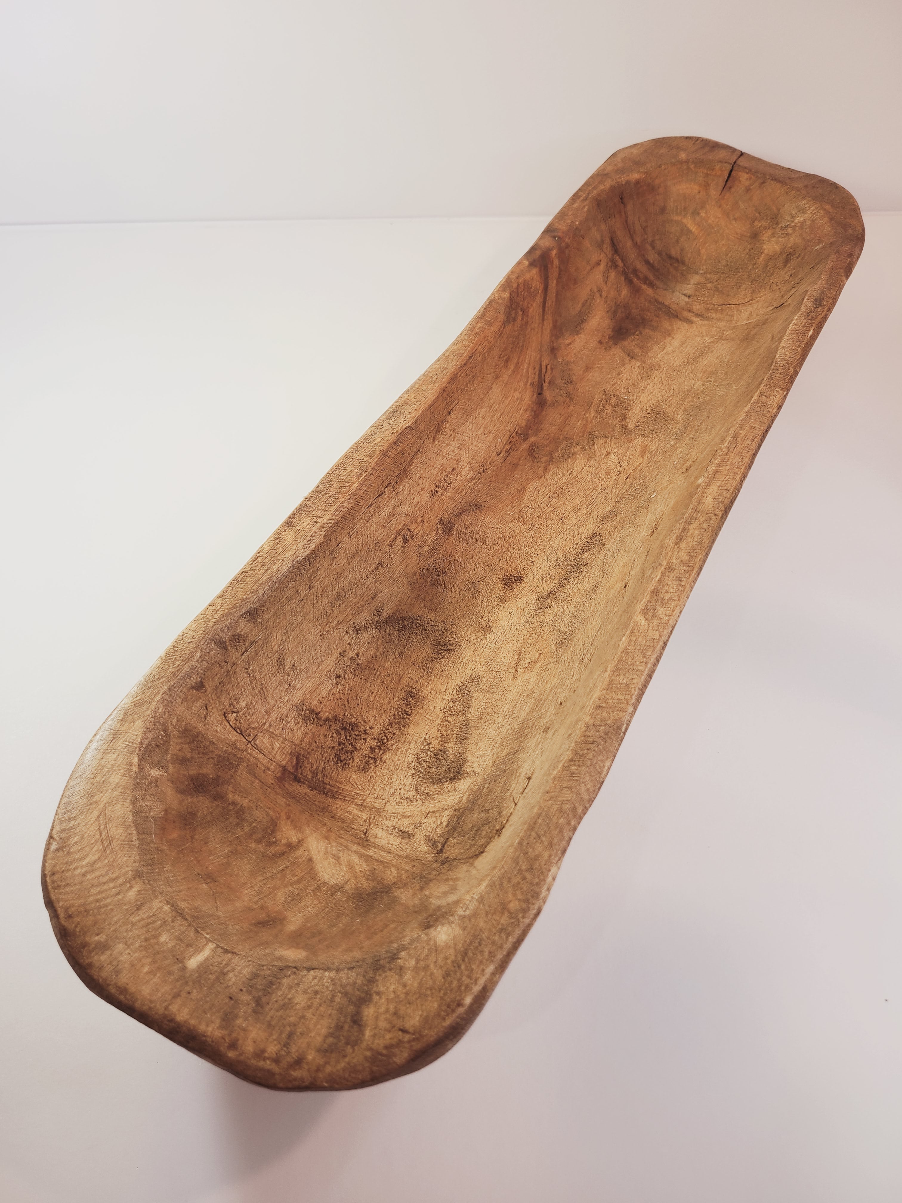 Oblong vintage Handcrafted Wood Dough Bowl shown from above