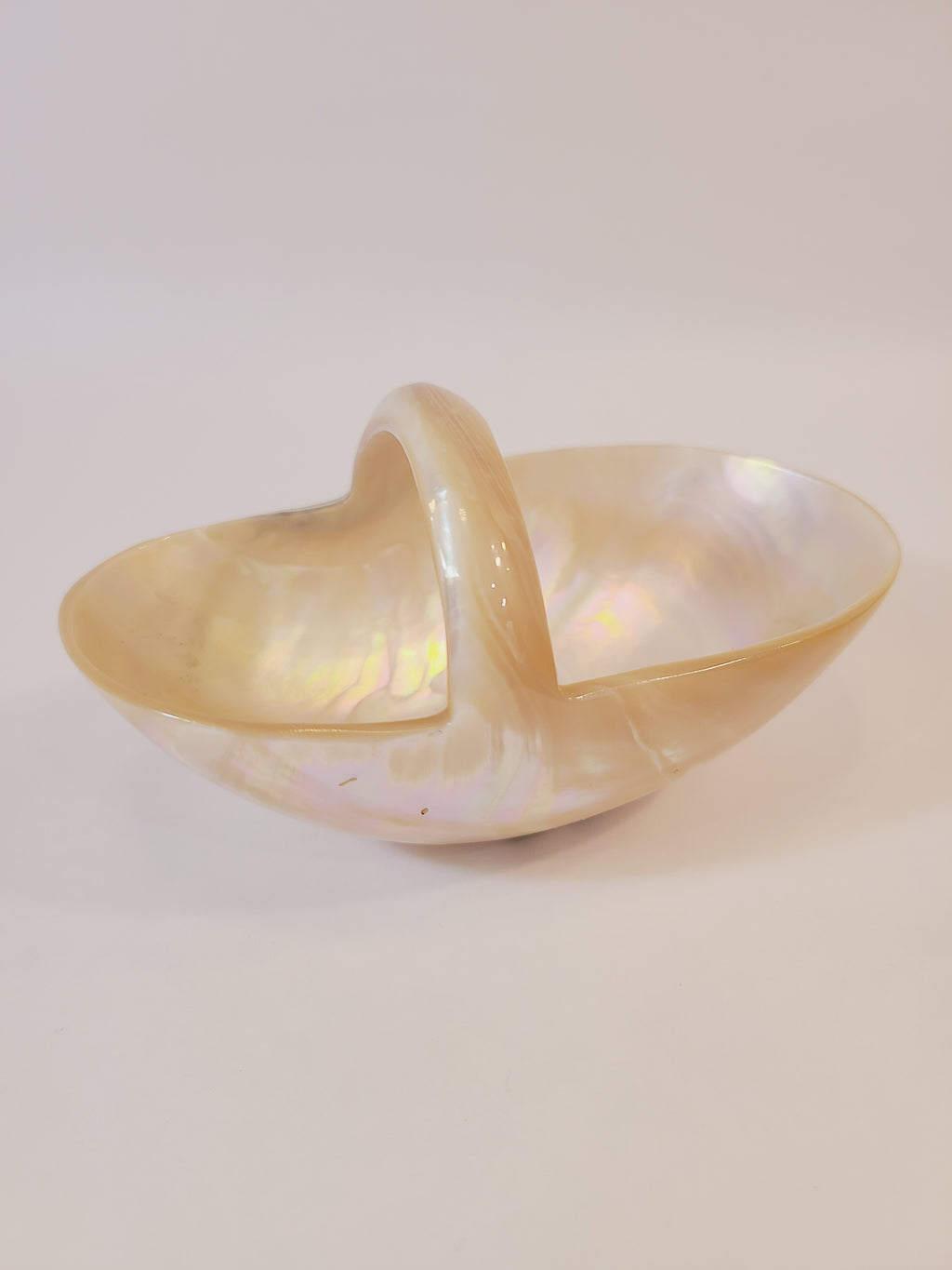 Basket carved from a shell showing mother of pearl glossy finish photographed from the side.