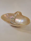Basket carved from a shell showing mother of pearl glossy finish and subtle rainbow reflections, photographed against a plain light background.