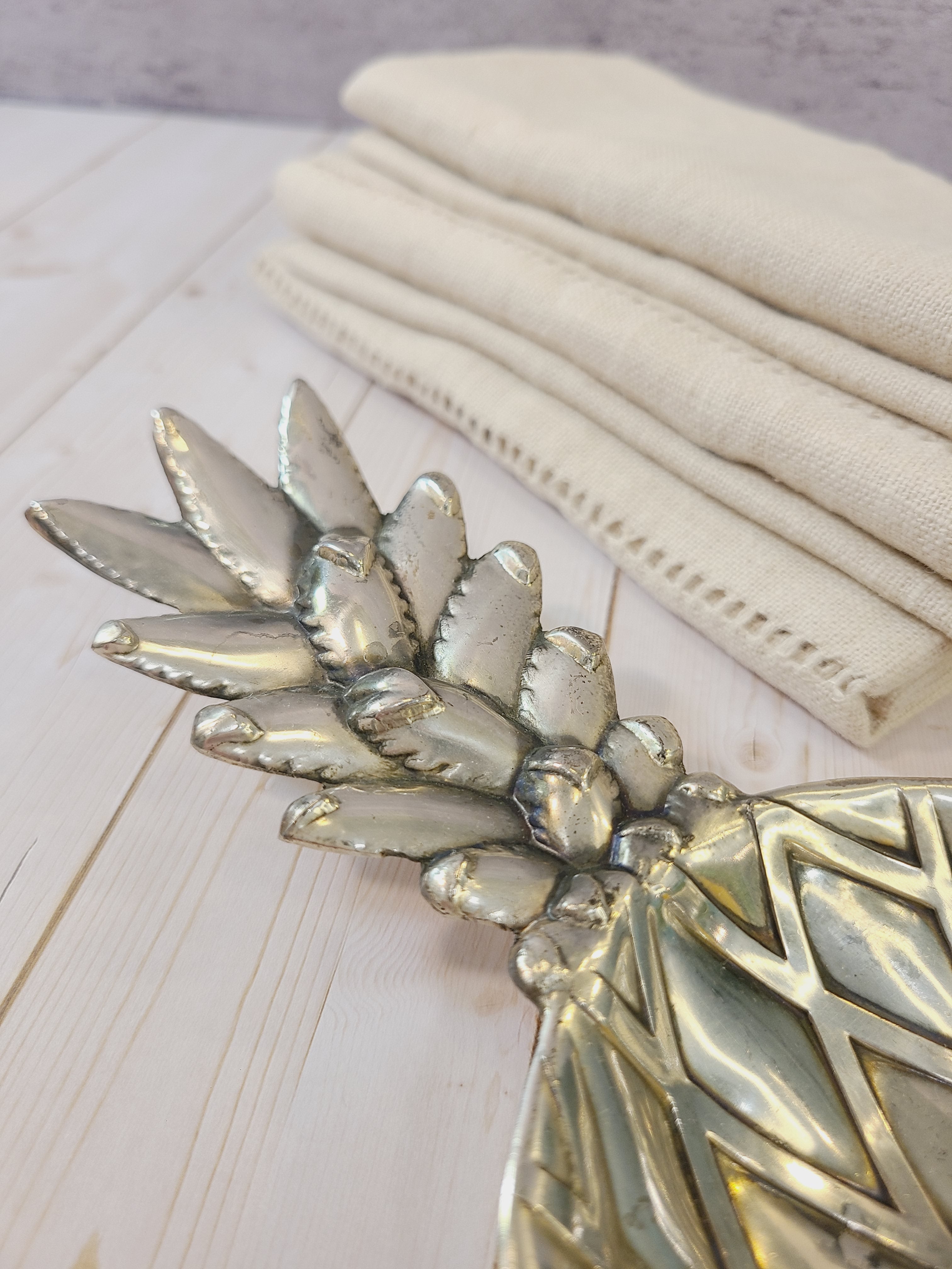Close up of vintage pineapple silver tone metal dish made in Japan by Matsumoto for the Eleanor retail line.