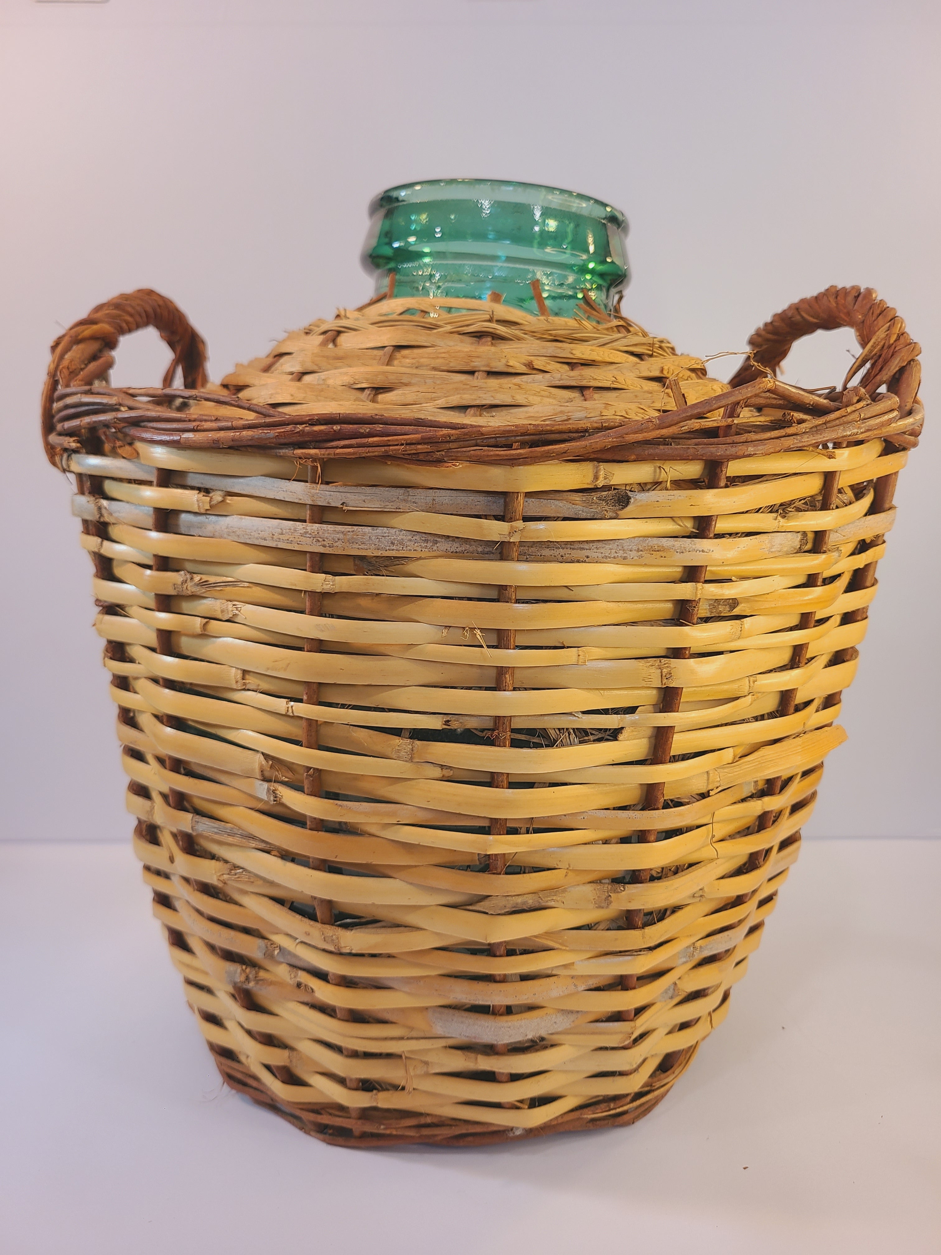 Viresa blue-green Demijohn with Original Rattan circa 1960s 15 inch