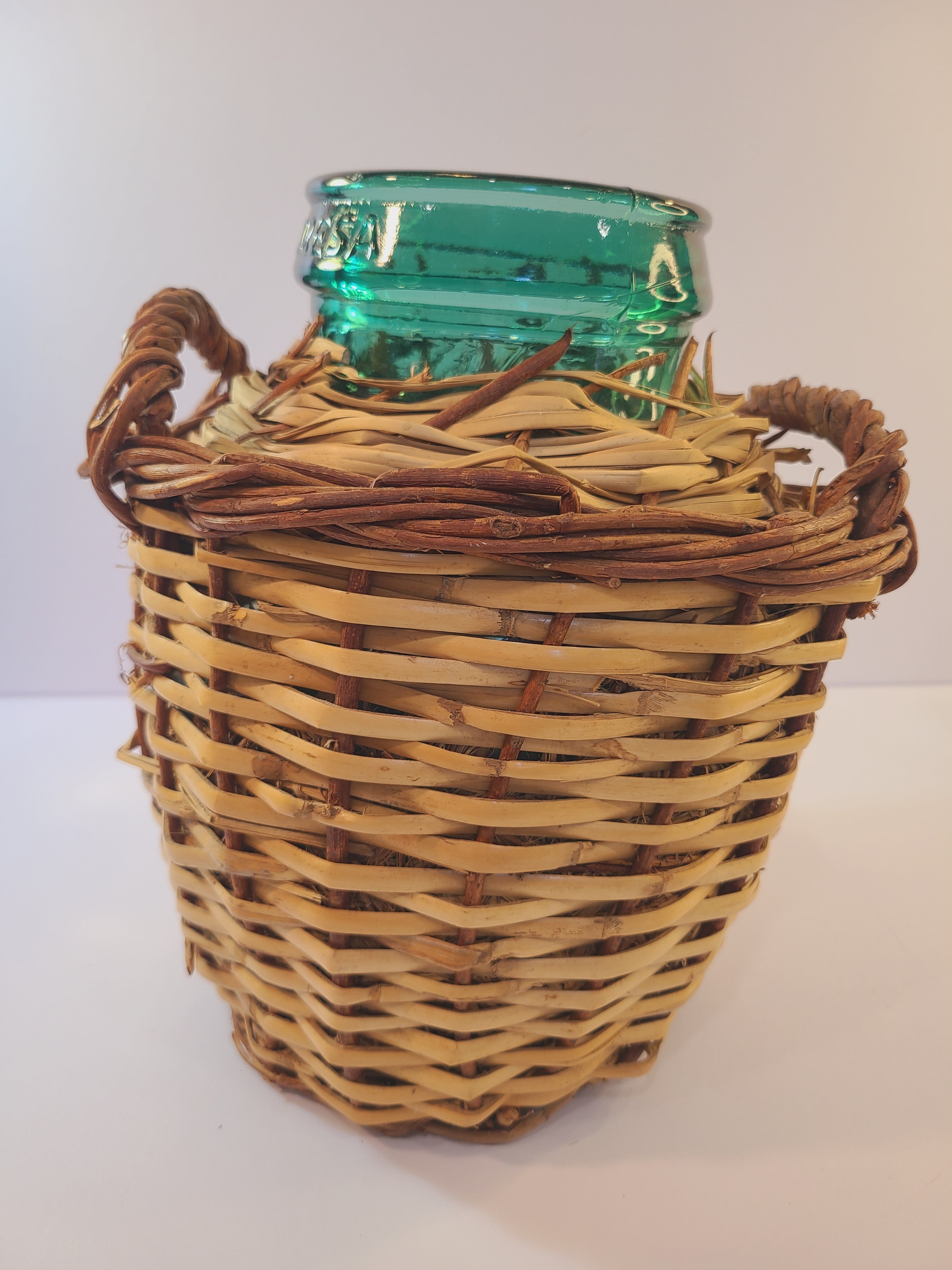 Vintage blue-green Viresa Demijohn with Original Rattan circa 1960s 10.5 inches