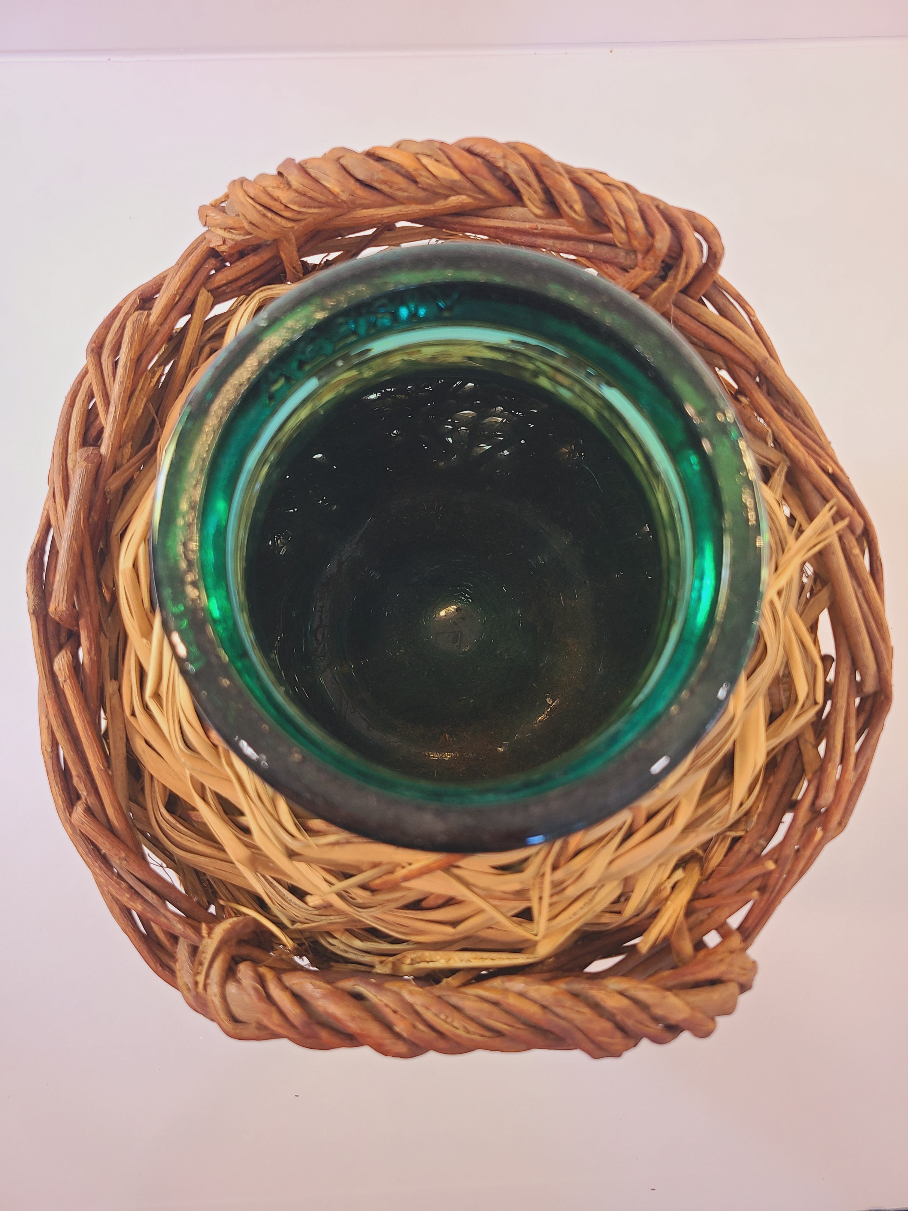 Vintage blue-green Viresa Demijohn with Original Rattan circa 1960s 10.5 inches shown from above