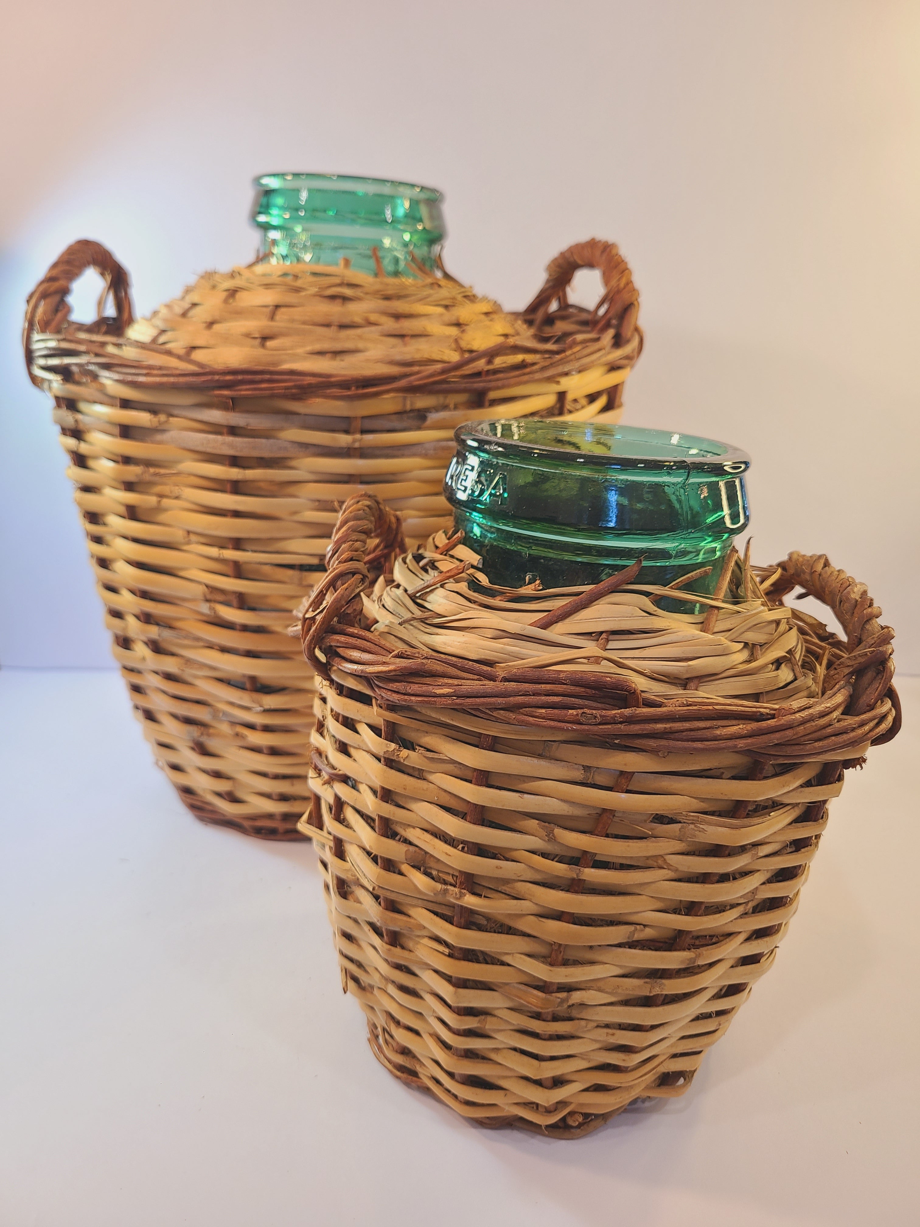 Pair of Vintage blue-green Viresa Demijohns with Original Rattan circa 1960s 