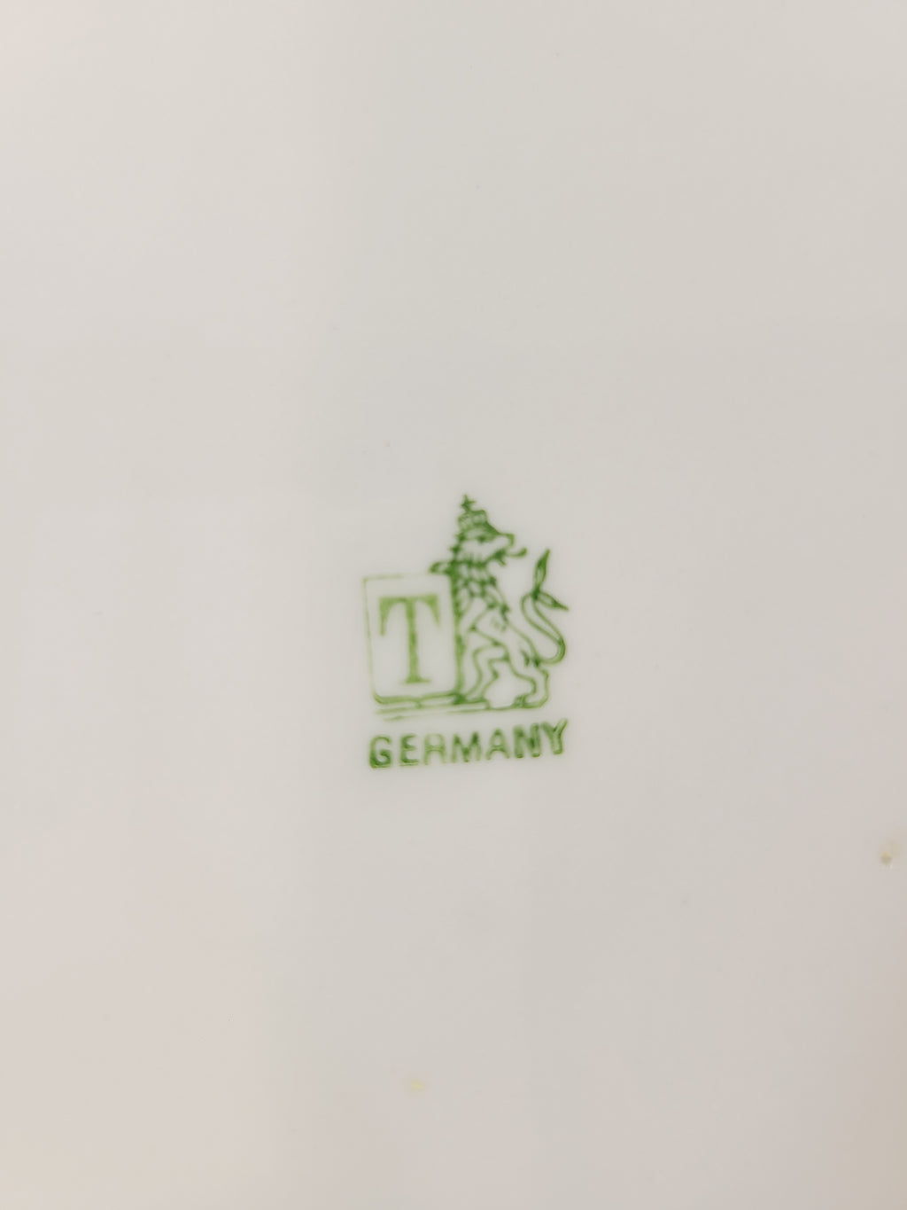 Close up of stamp on back of Antique Royal Tettau Blue and White Porcelain Plate.