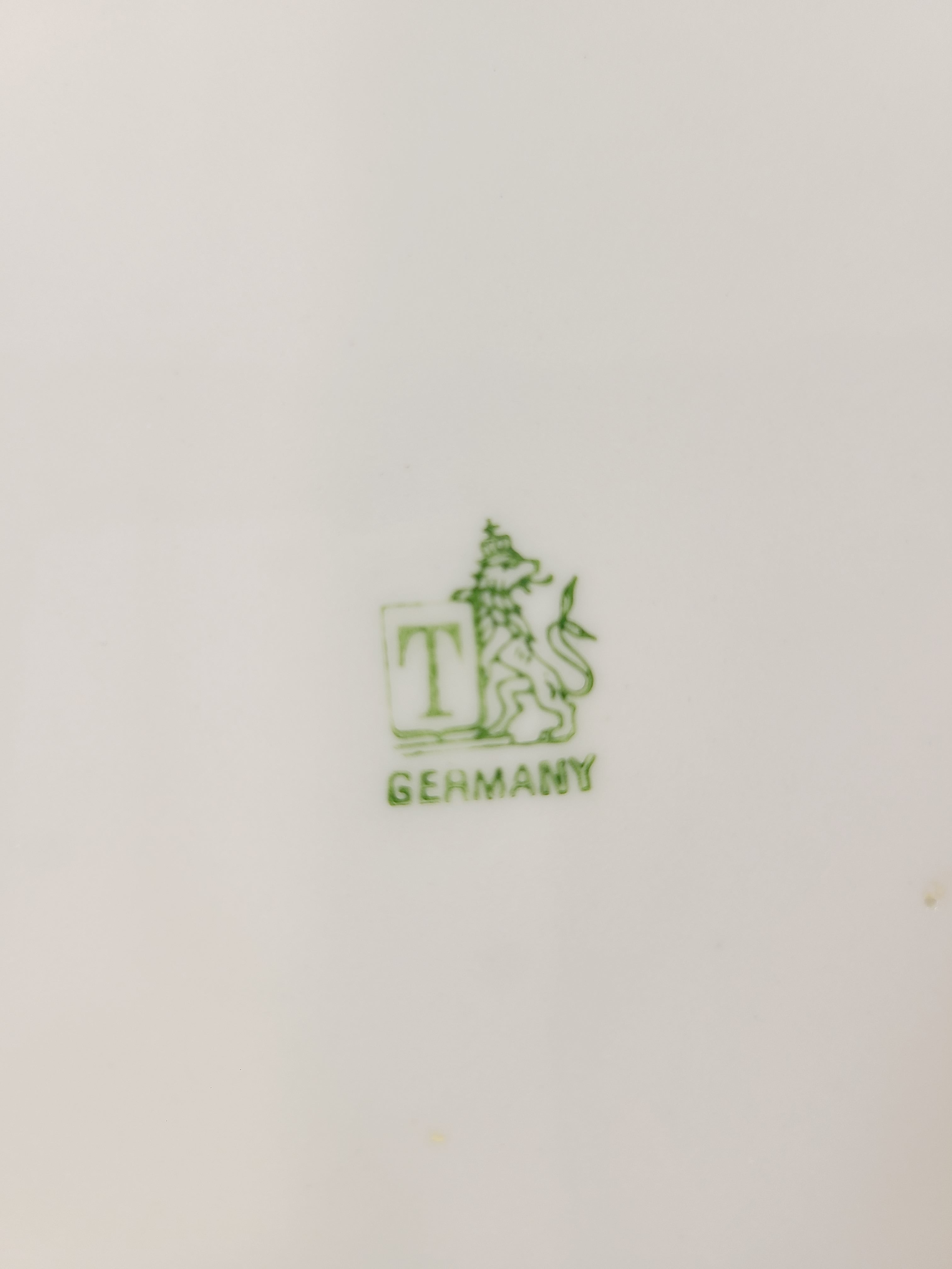 Close up of stamp on back of Antique Royal Tettau Blue and White Porcelain Plate.
