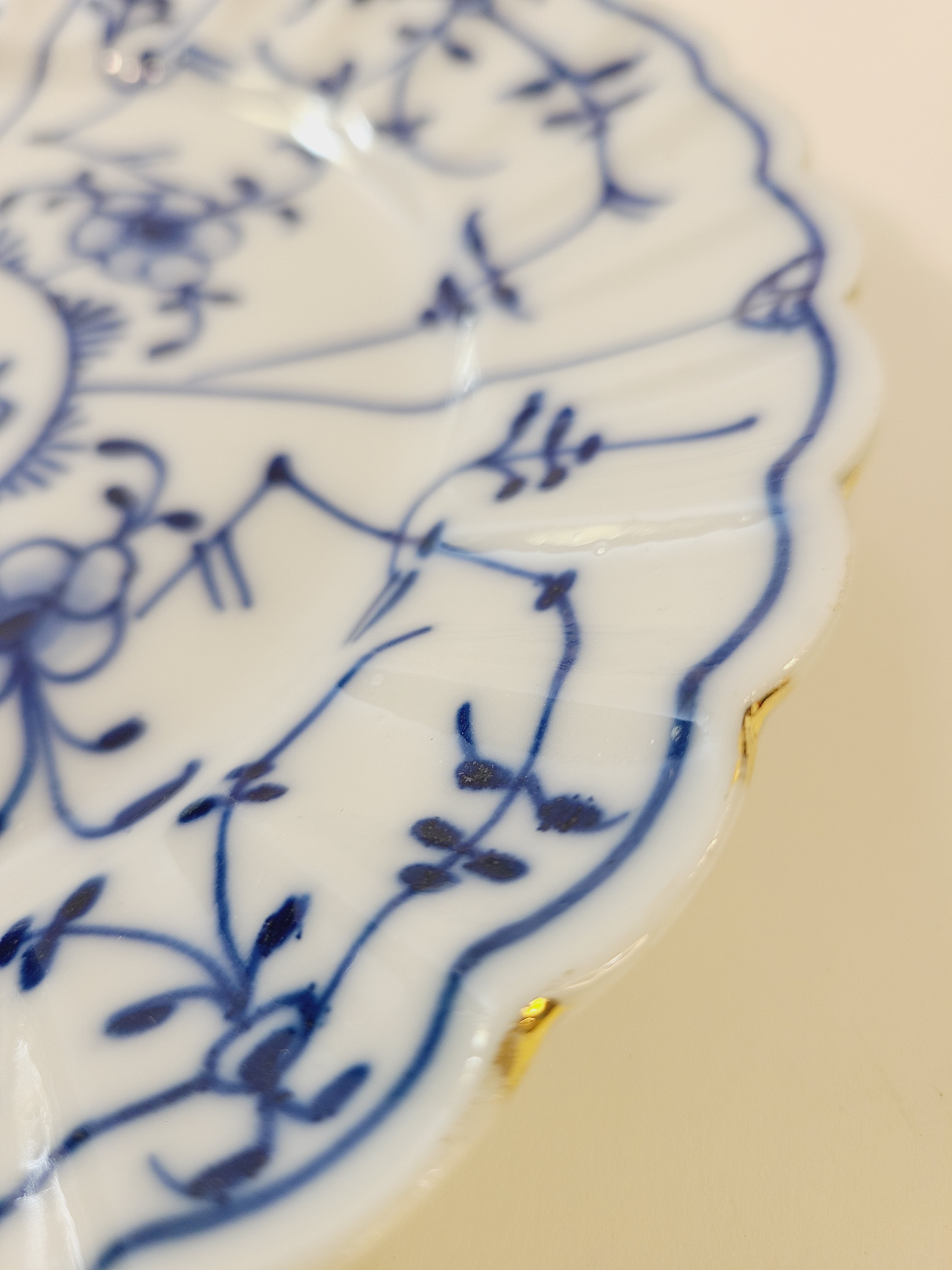 Rim of Antique Royal Tettau Blue and White Porcelain Plate.
