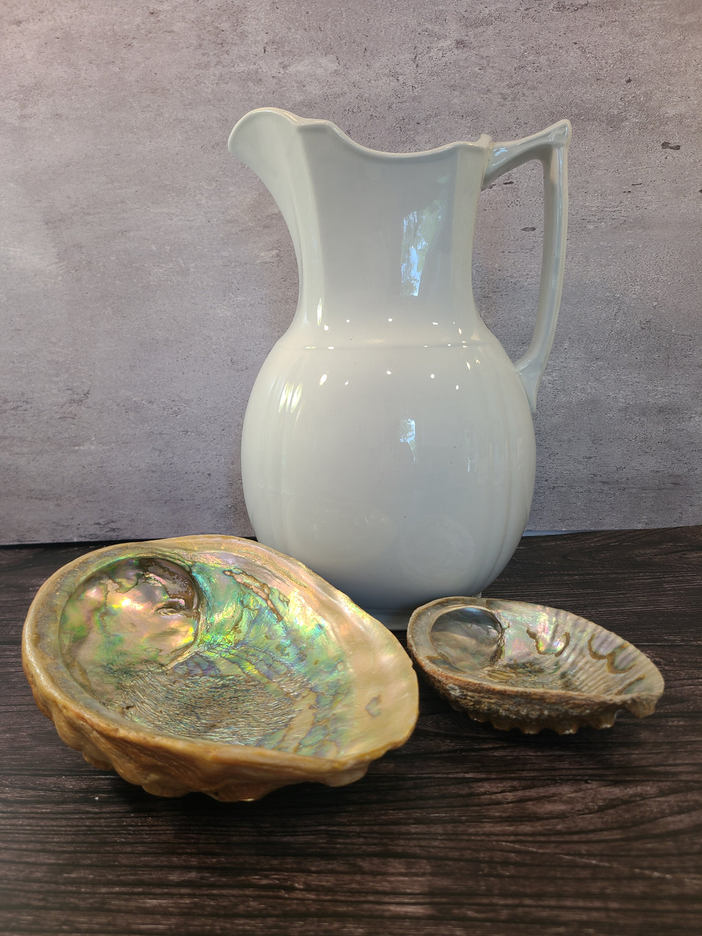 Antique white Alfred Meakin Royal Ironstone Pitcher displayed on dark wood with abalone shells.