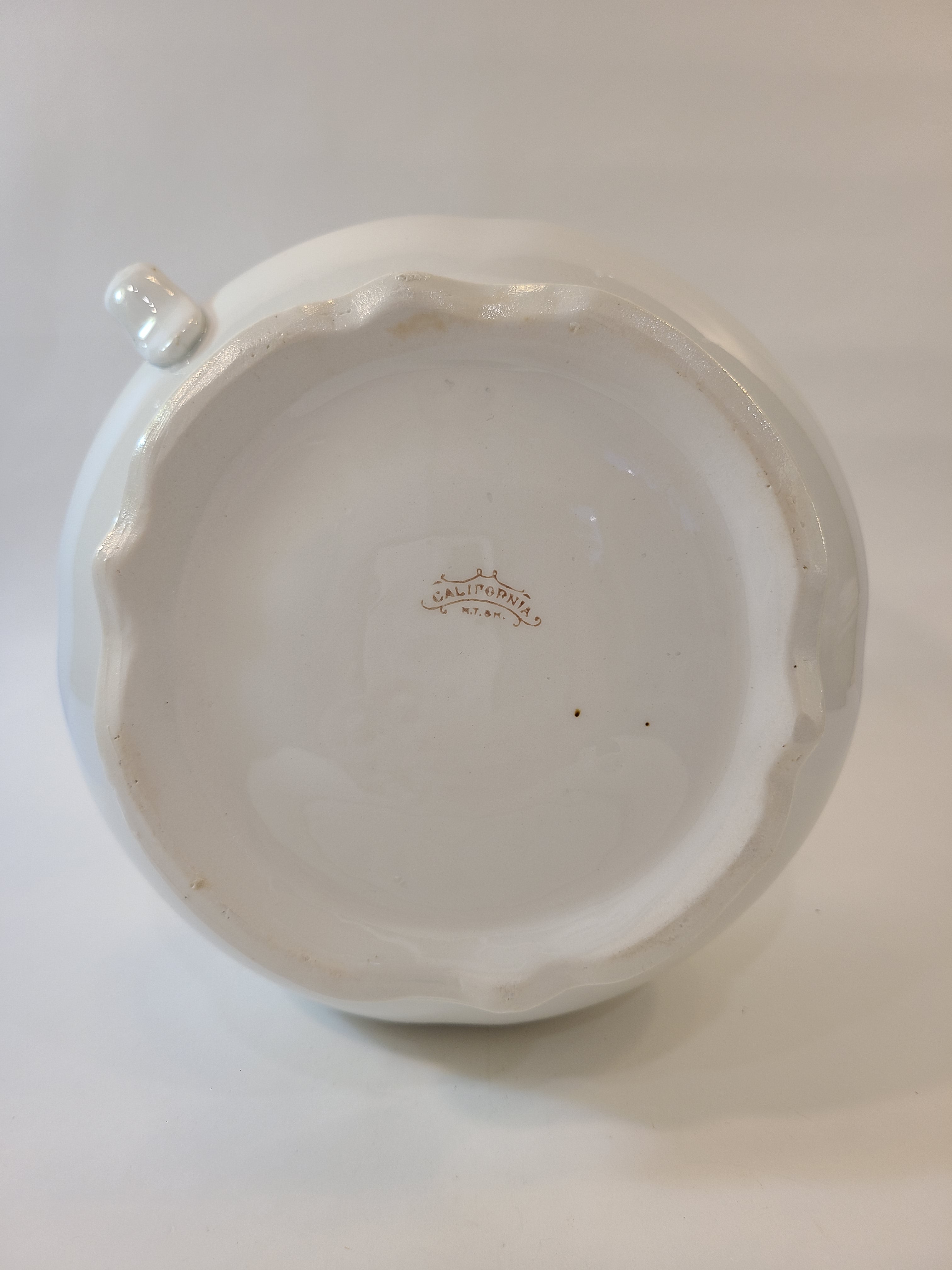 Bottom of white Antique Mellor, Taylor & Co. English Ironstone Chamber Pot