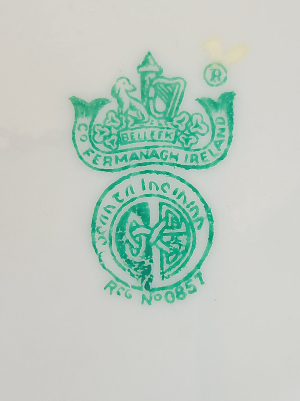 Close up of makers mark on back of Vintage Belleek Porcelain Plate with Shell Motif