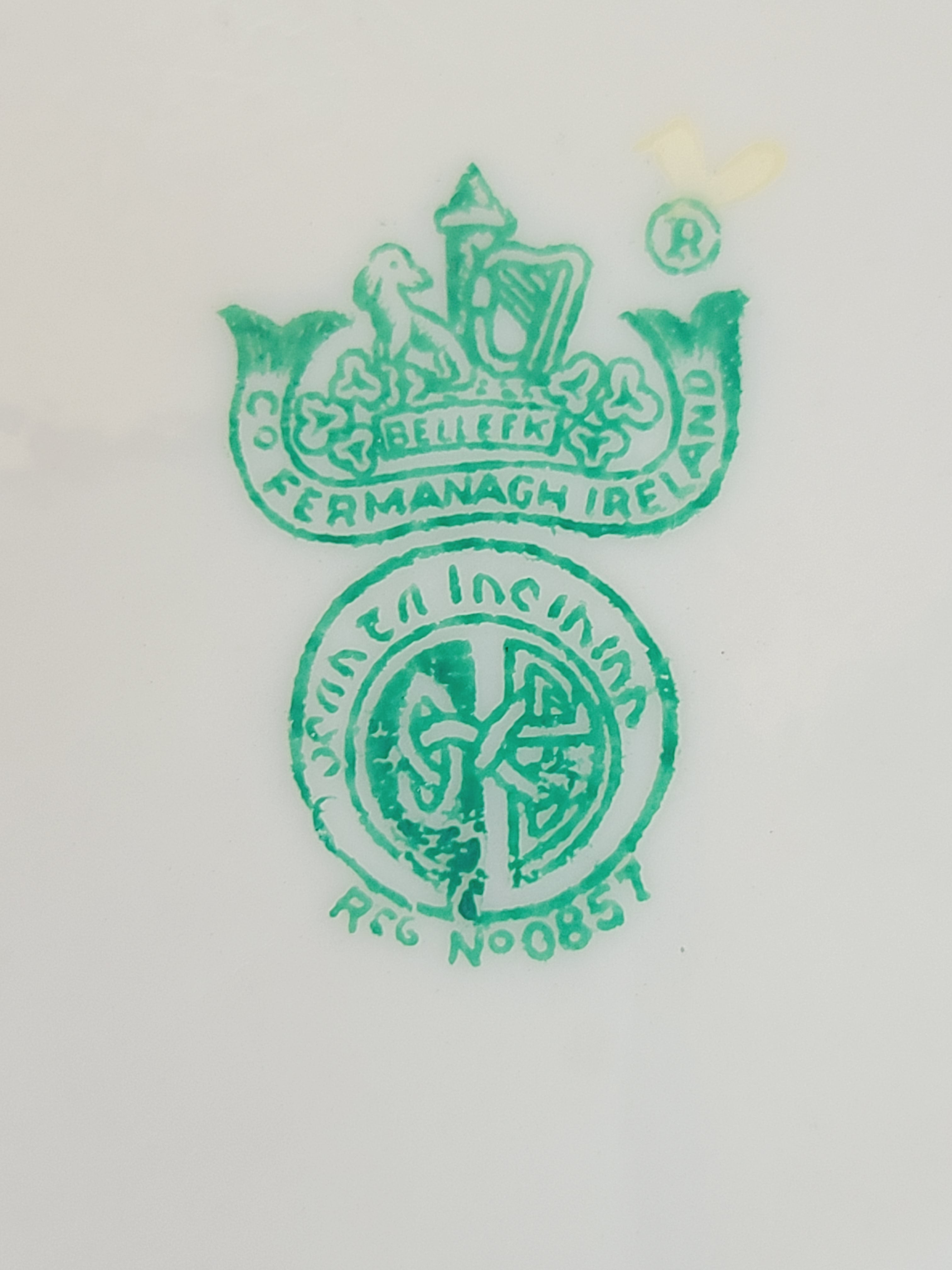 Close up of makers mark on back of Vintage Belleek Porcelain Plate with Shell Motif