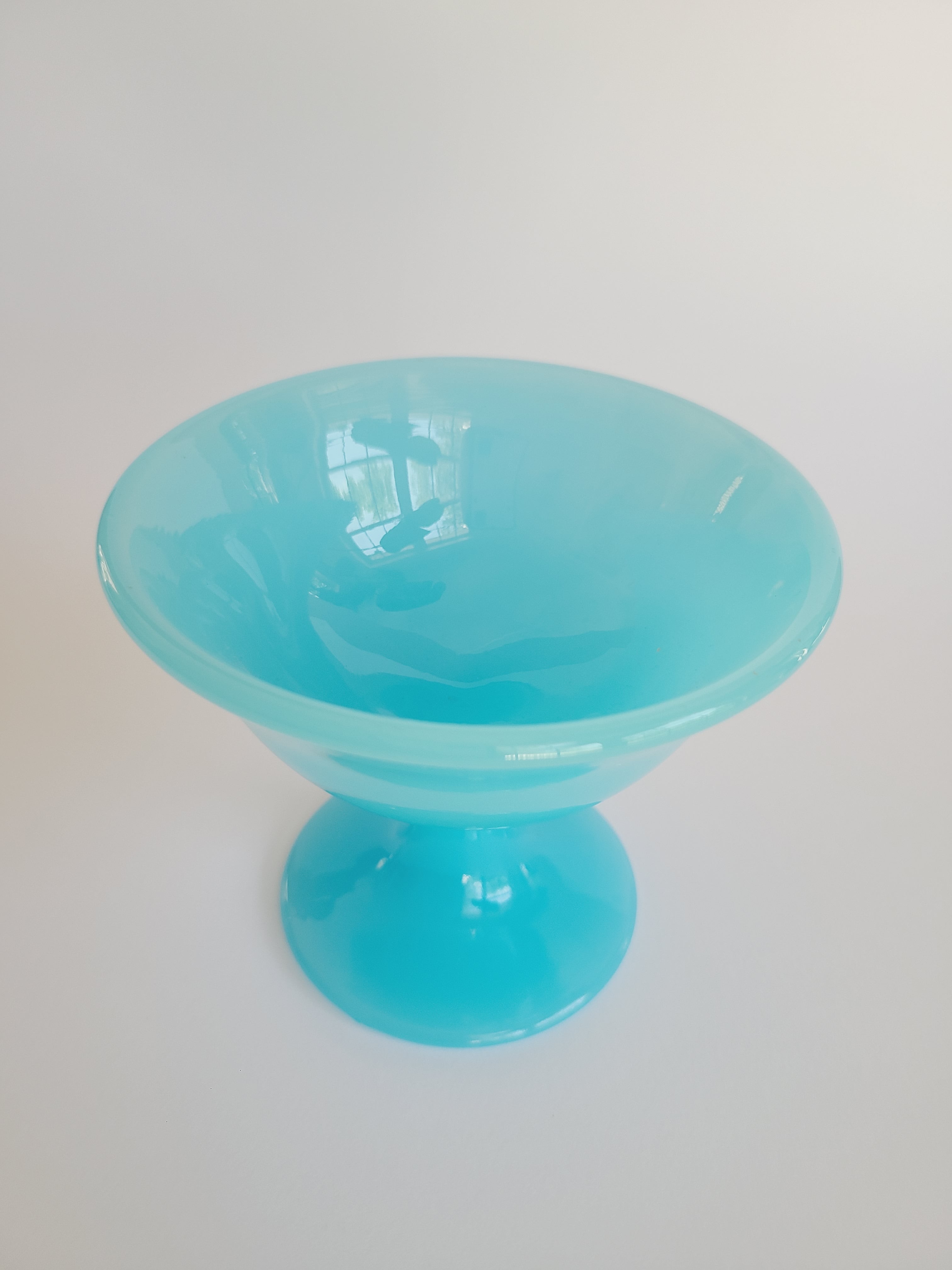 Vintage Fenton Glass Compote in glossy Opaque Turquoise glass.