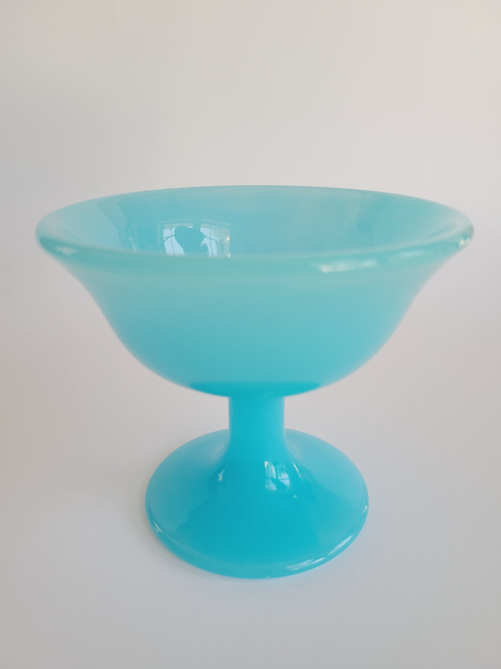 Vintage Fenton Glass Compote in Opaque Turquoise on white background.