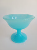 Vintage Fenton Glass Compote in Opaque Turquoise on white background.