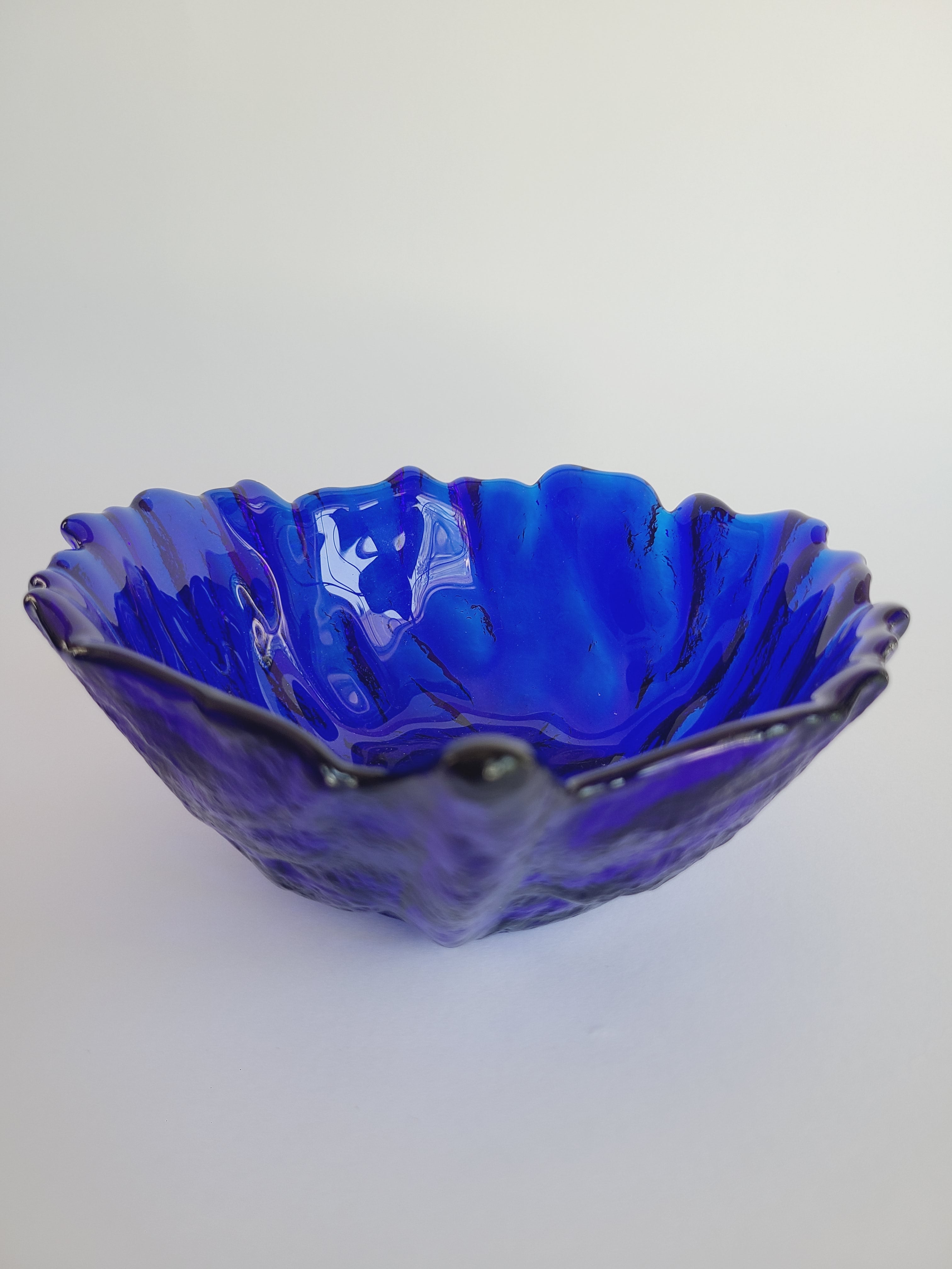 SIngle vintage Blenko Cabbage Pattern Bowls in Cobalt Blue.