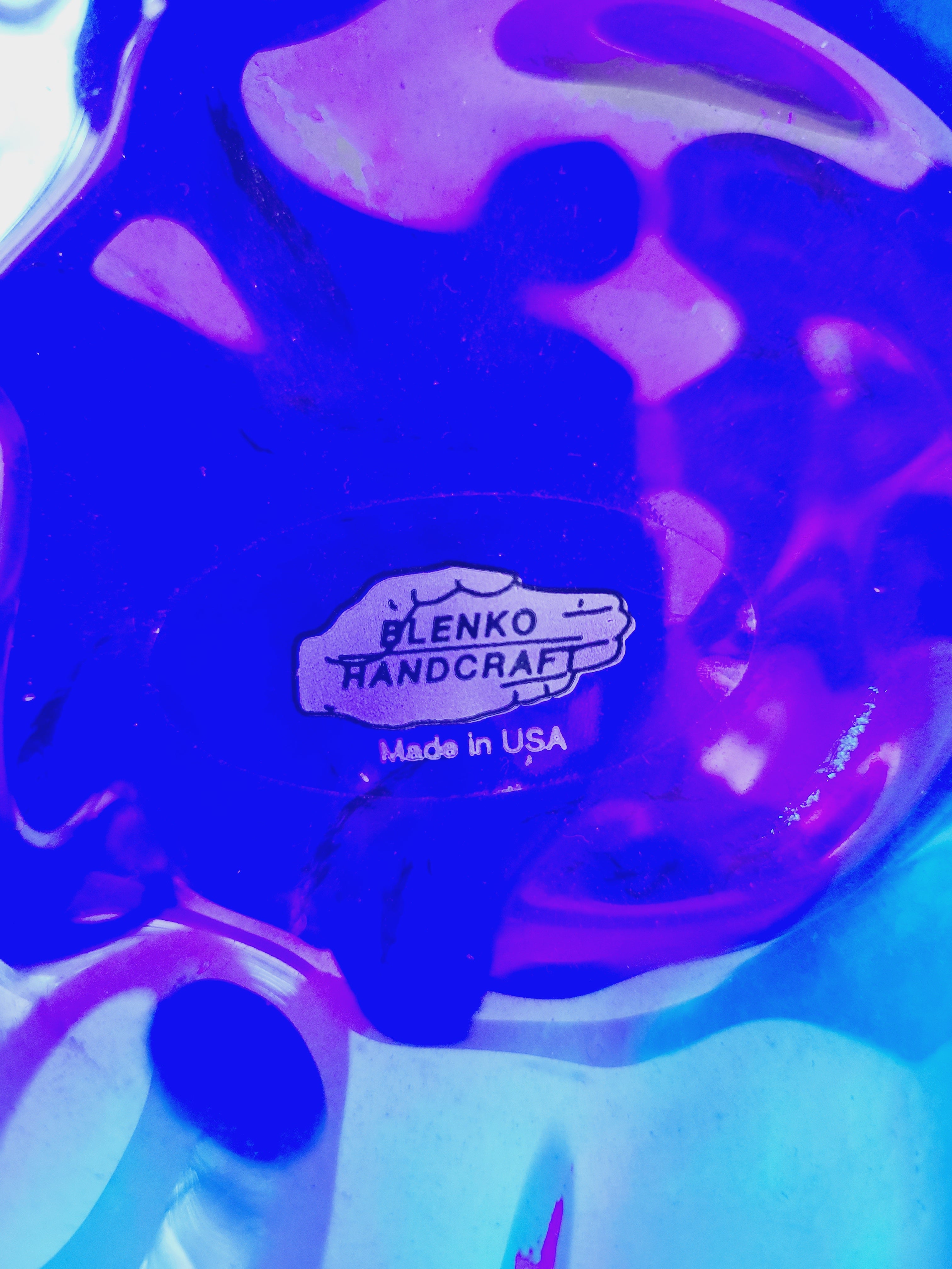 Production sticker on inside of vintage Blenko Cabbage Pattern Bowls in Cobalt Blue.