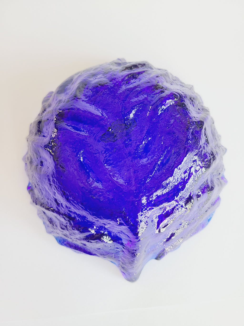 Bottom of vintage Blenko Cabbage Pattern Bowls in Cobalt Blue.