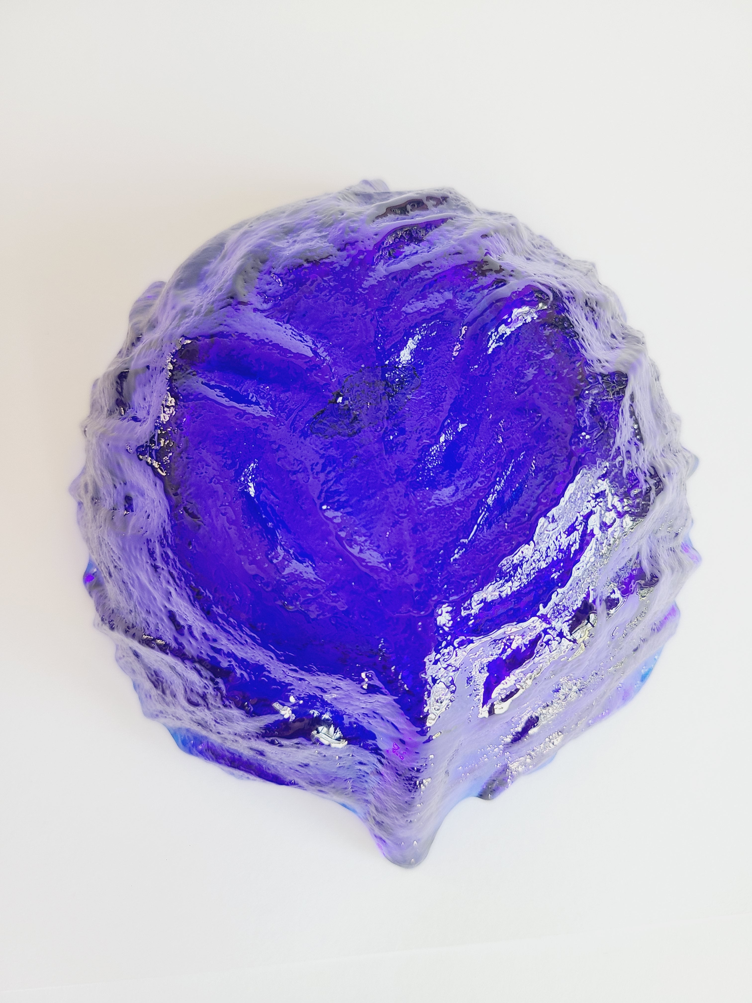 Bottom of vintage Blenko Cabbage Pattern Bowls in Cobalt Blue.