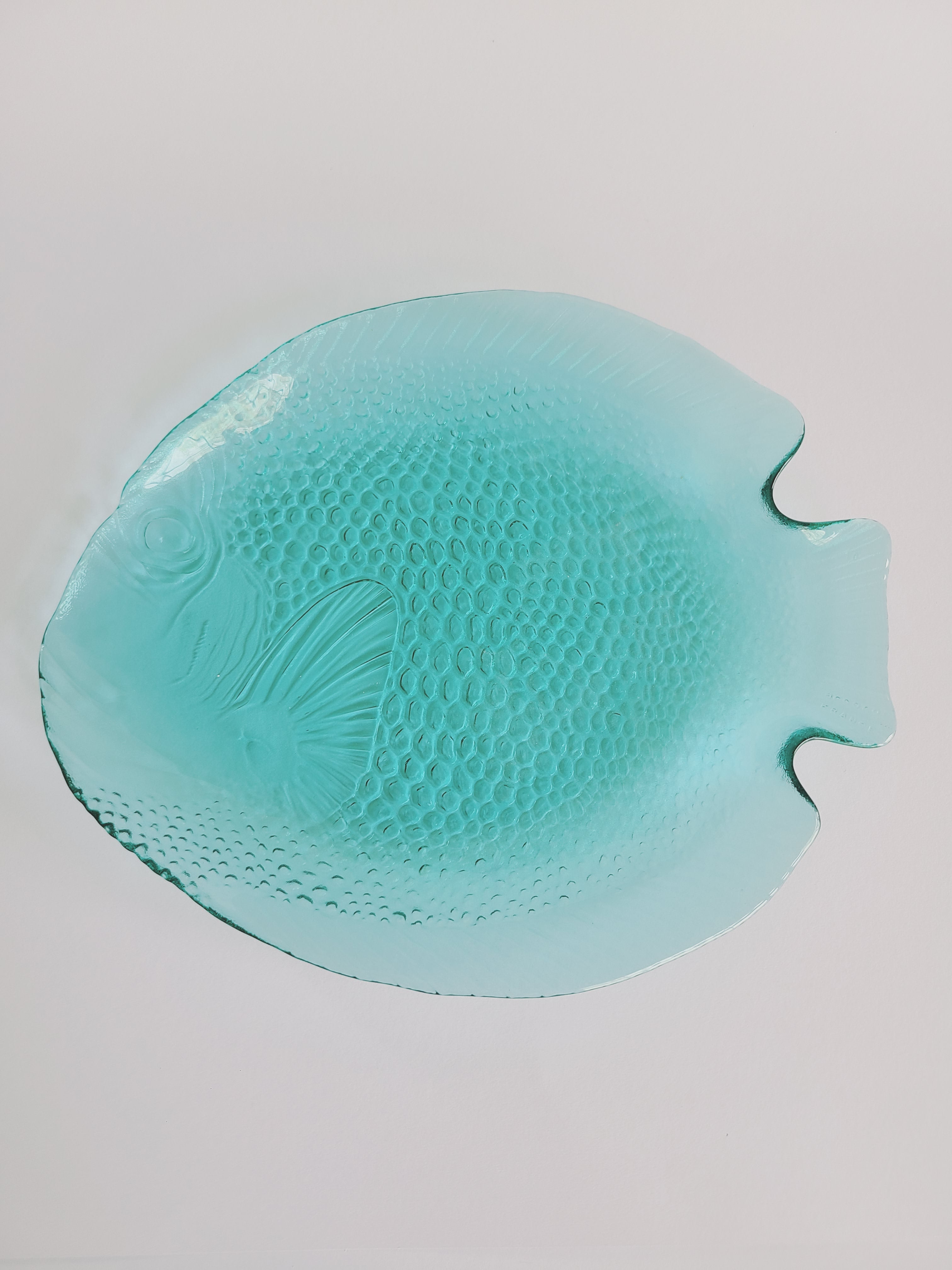 Vintage Arcoroc turquoise glass fish-shaped plate made in France.