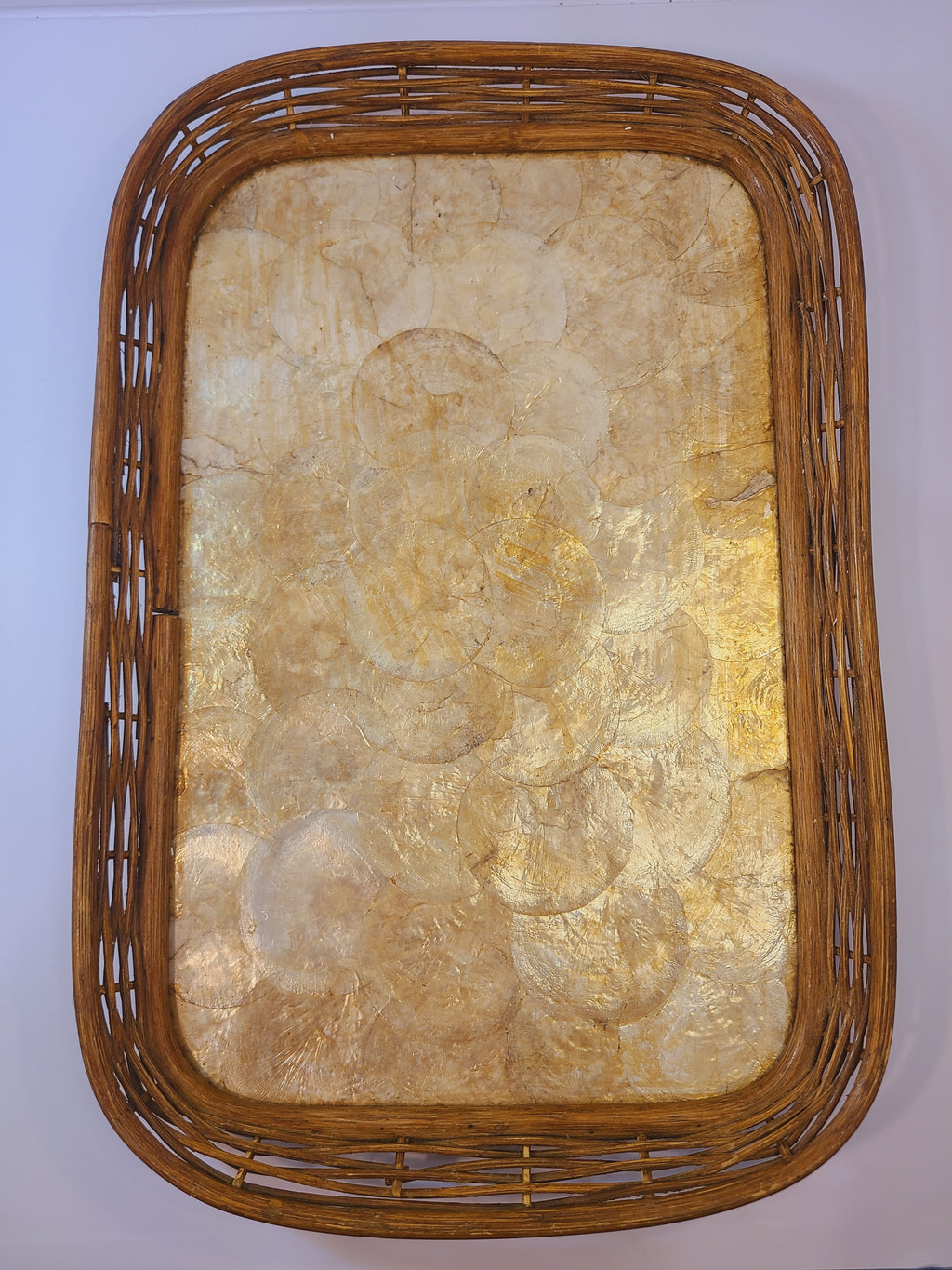 Vintage Capiz Shell Tray with Rattan Border shown from above