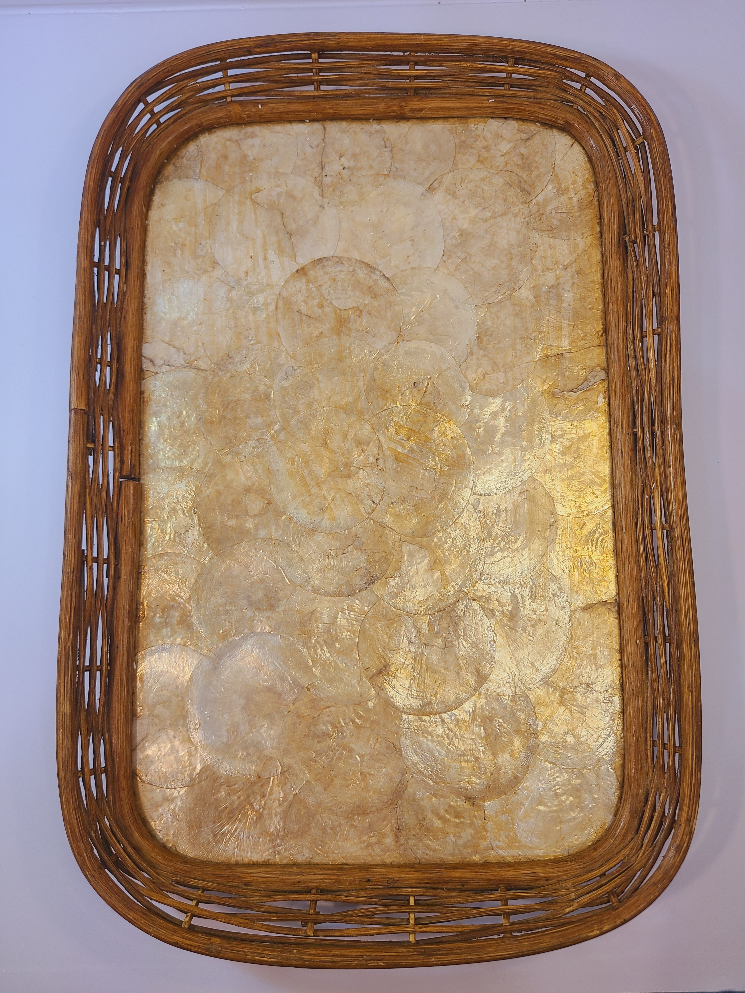 Vintage Capiz Shell Tray with Rattan Border shown from above