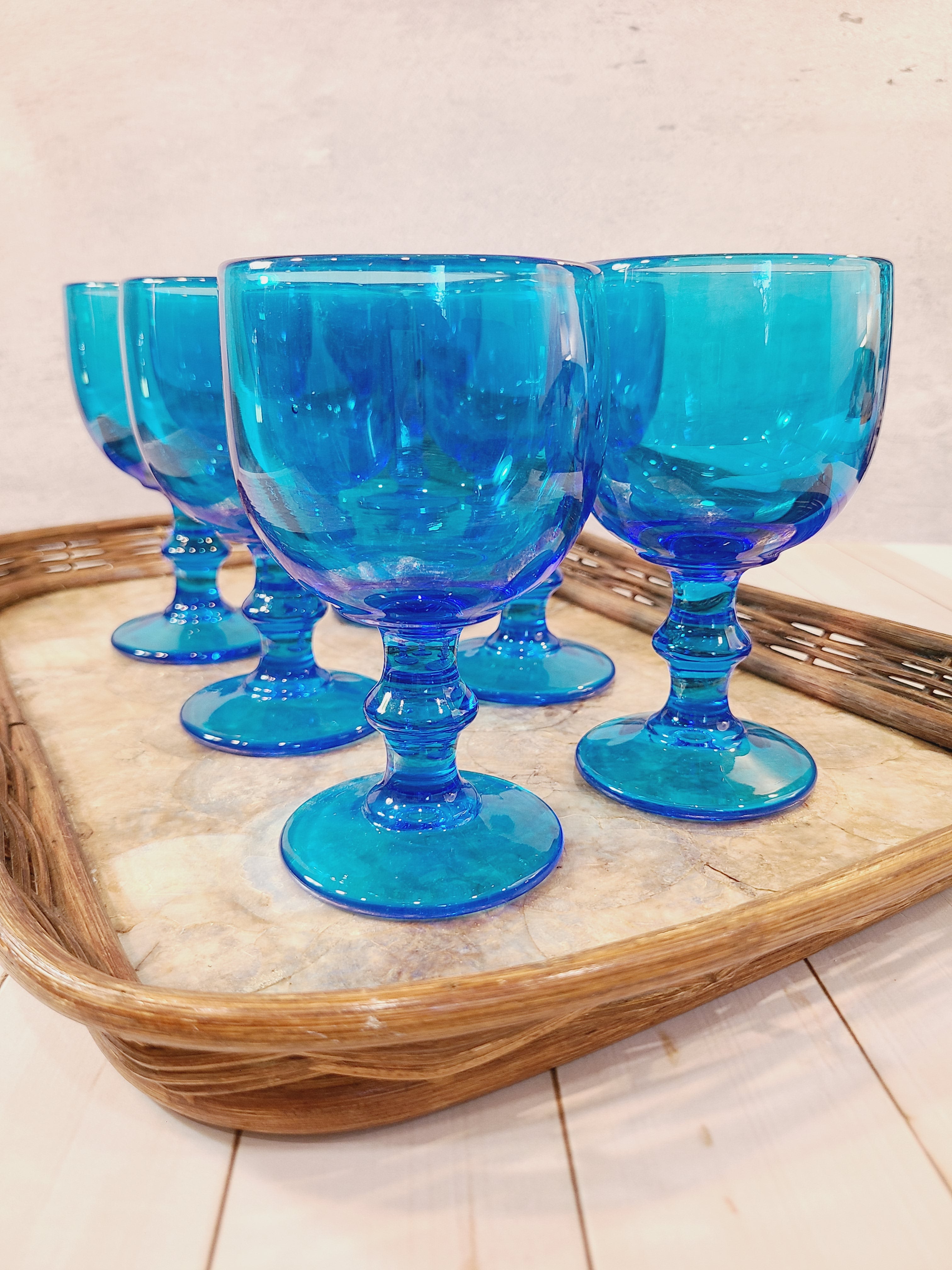 Set of 6 vintage turquoise glass goblets by Imperial Glass Hoffman House on a capiz shell tray.