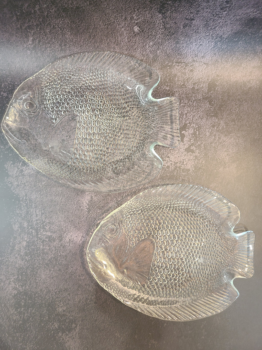Two clear textured glass vintage Arcoroc fish-shaped plates made in France. 