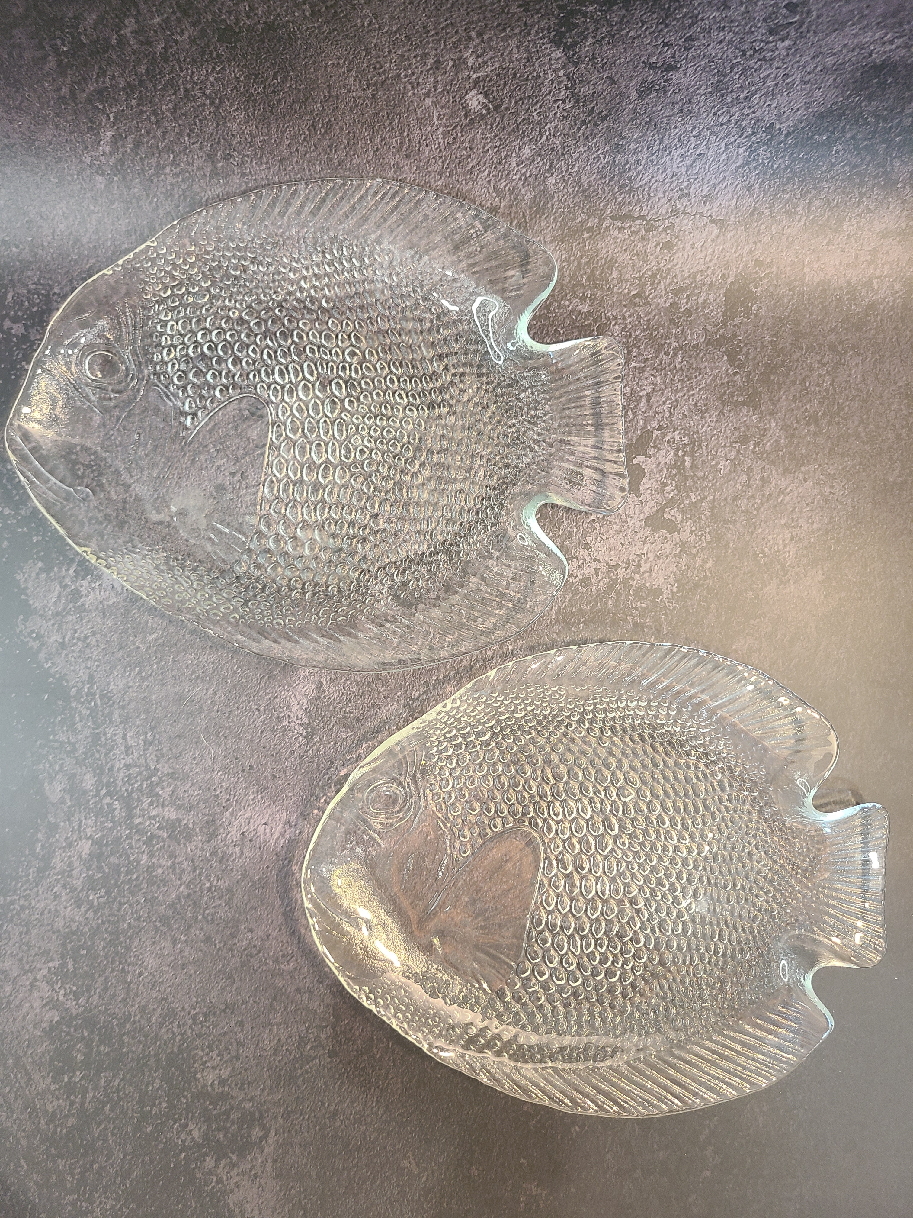 Two clear textured glass vintage Arcoroc fish-shaped plates made in France. 