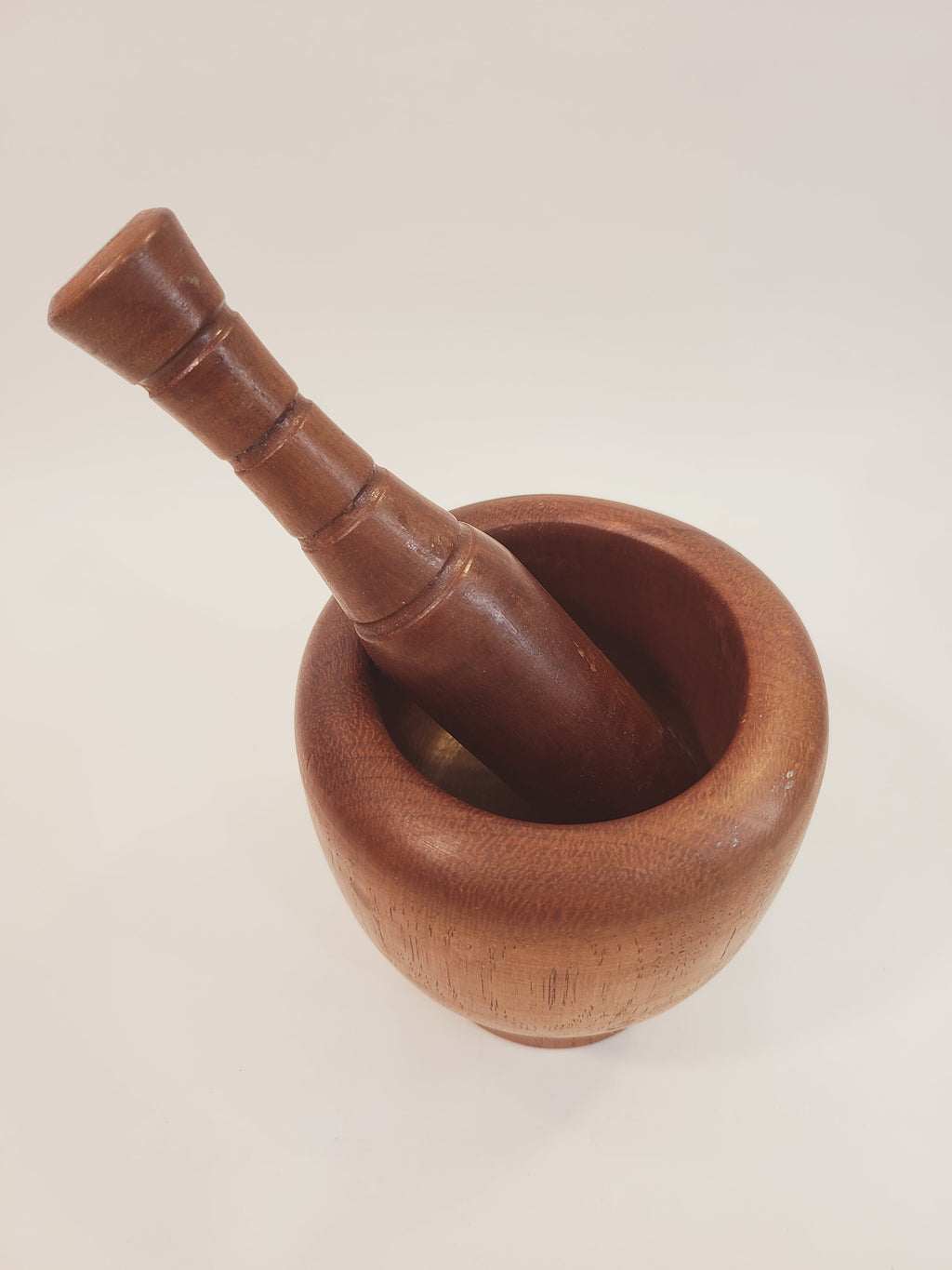 Antique Turned Wood Mortar and Pestle, Mortar 4.25 inches high by 4.25 inches diameter; Pestle 6 inches high, shown from above.