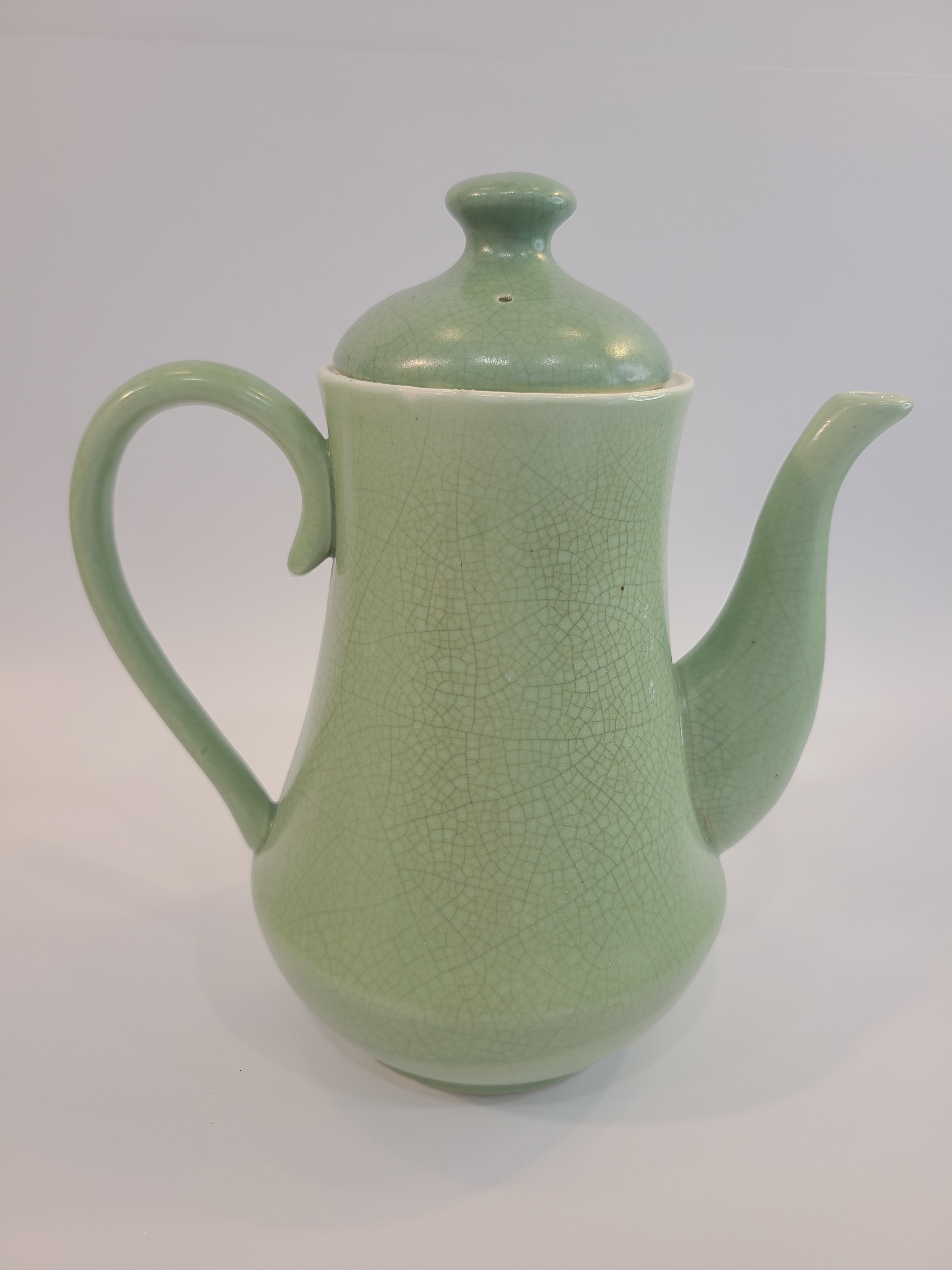 Celadon ceramic Teapot 7.5 inches high, made in Vietnam, with lid.