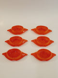 Set of 6 red-orange Glasbake glass dishes shaped like crab shells, 5.75 inches by 2.75 inches on light background.