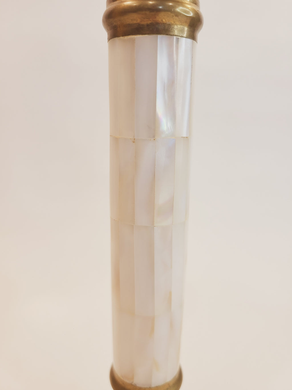Close up of Brass and Mother of Pearl Hollywood Regency Candle Holder 1970s