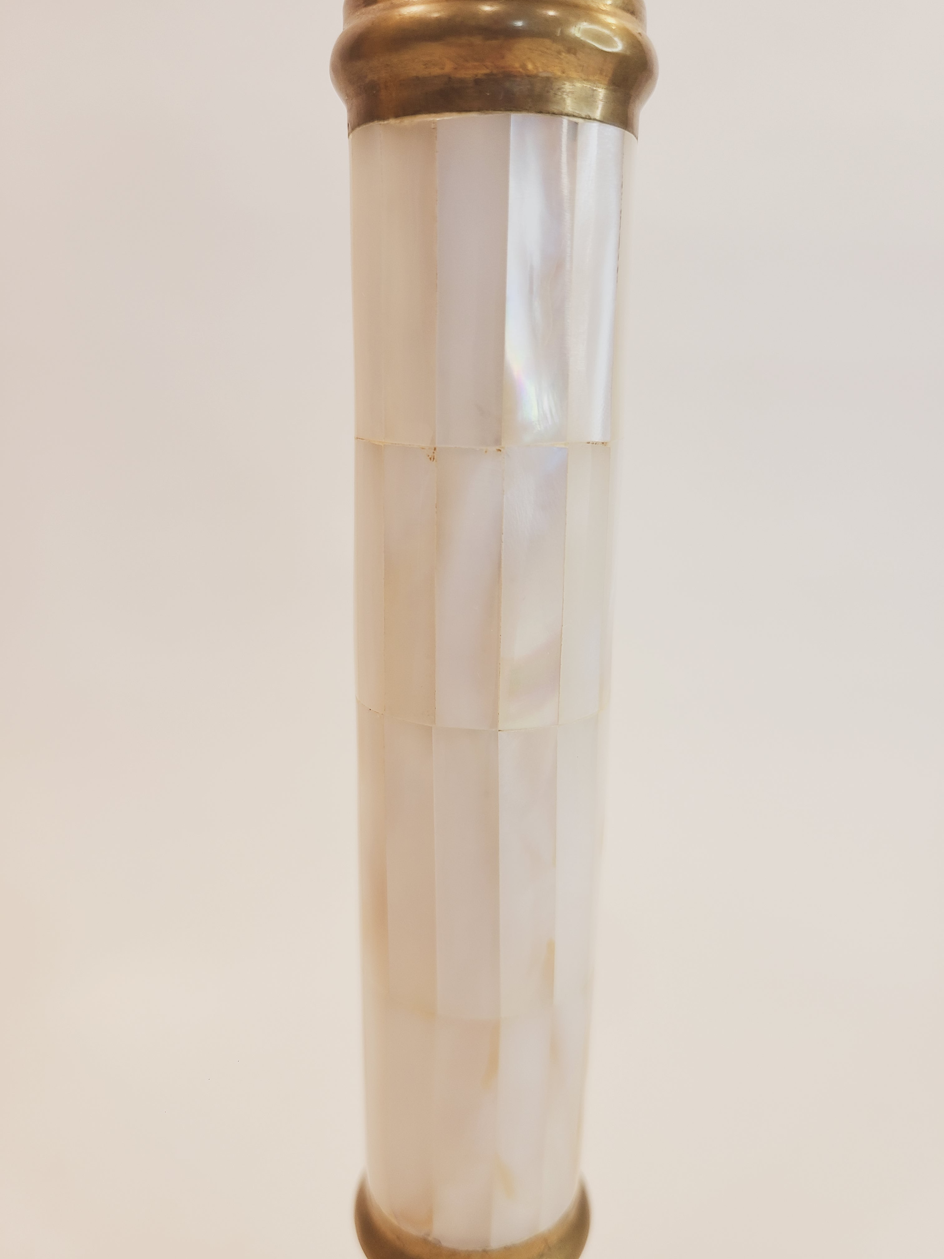 Close up of Brass and Mother of Pearl Hollywood Regency Candle Holder 1970s
