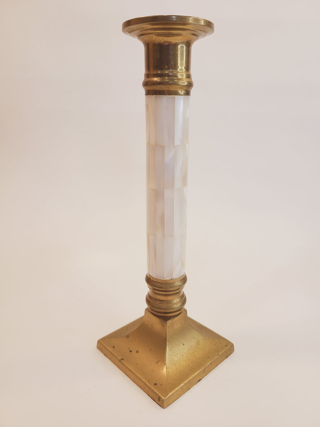 Angle view of Brass and Mother of Pearl Hollywood Regency Candle Holder 1970s
