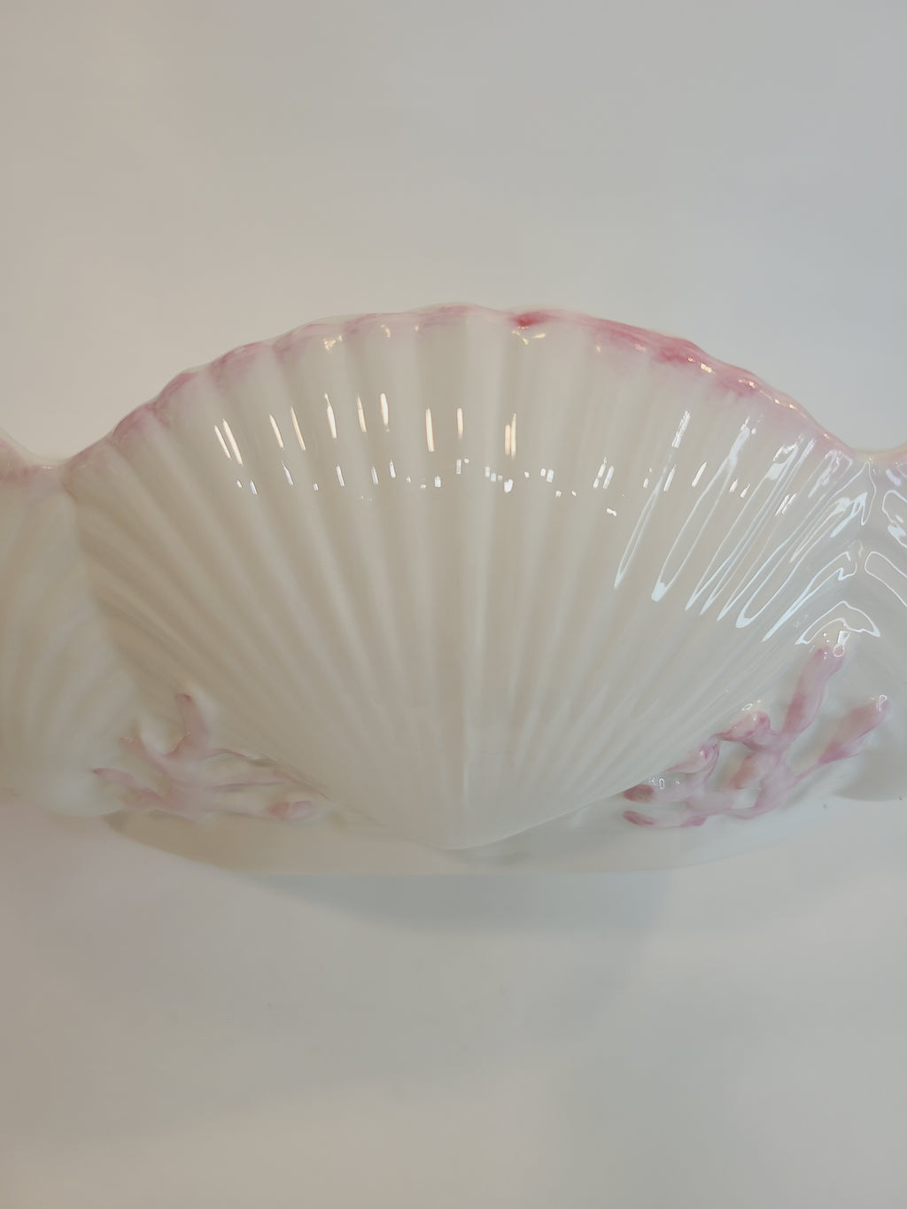 Close up of shell detail on Belleek Ireland Neptune Pattern Earthenware Bowl with shells and coral 1970s