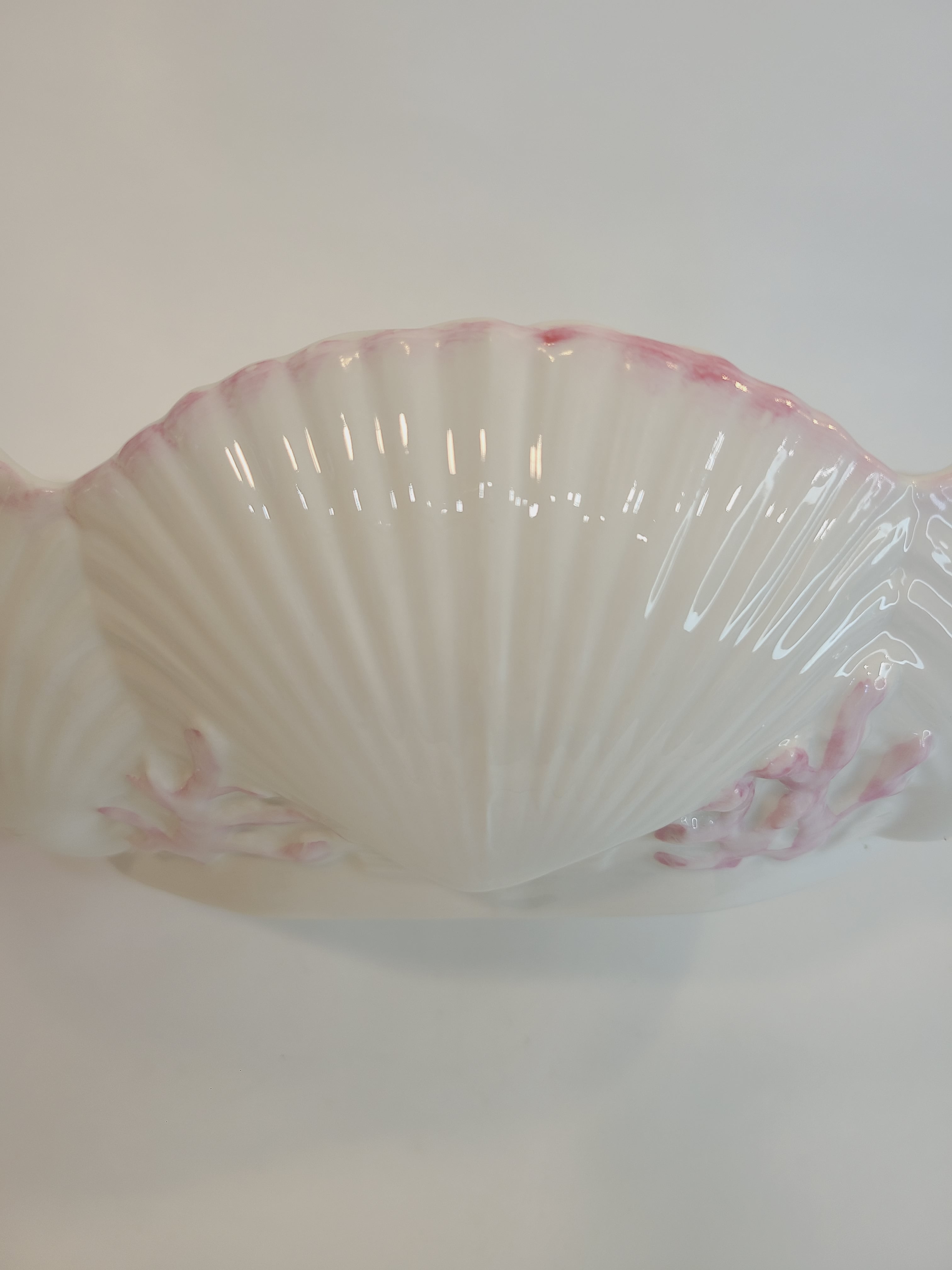 Close up of shell detail on Belleek Ireland Neptune Pattern Earthenware Bowl with shells and coral 1970s