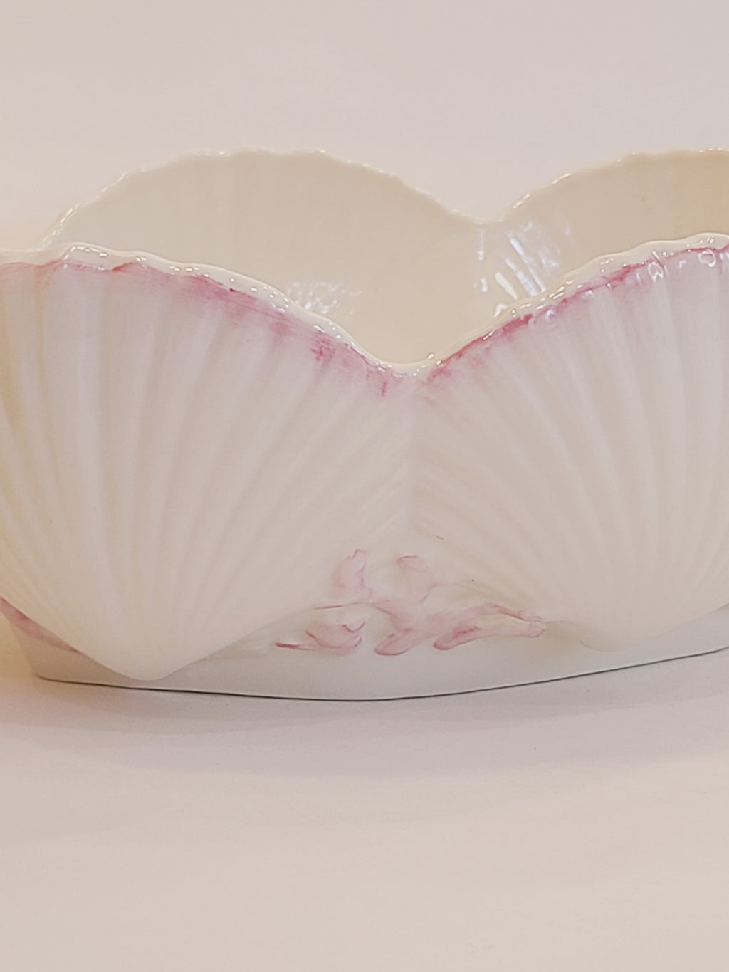 Close up of Belleek Ireland Neptune Pattern Earthenware Bowl with shells and coral 1970s