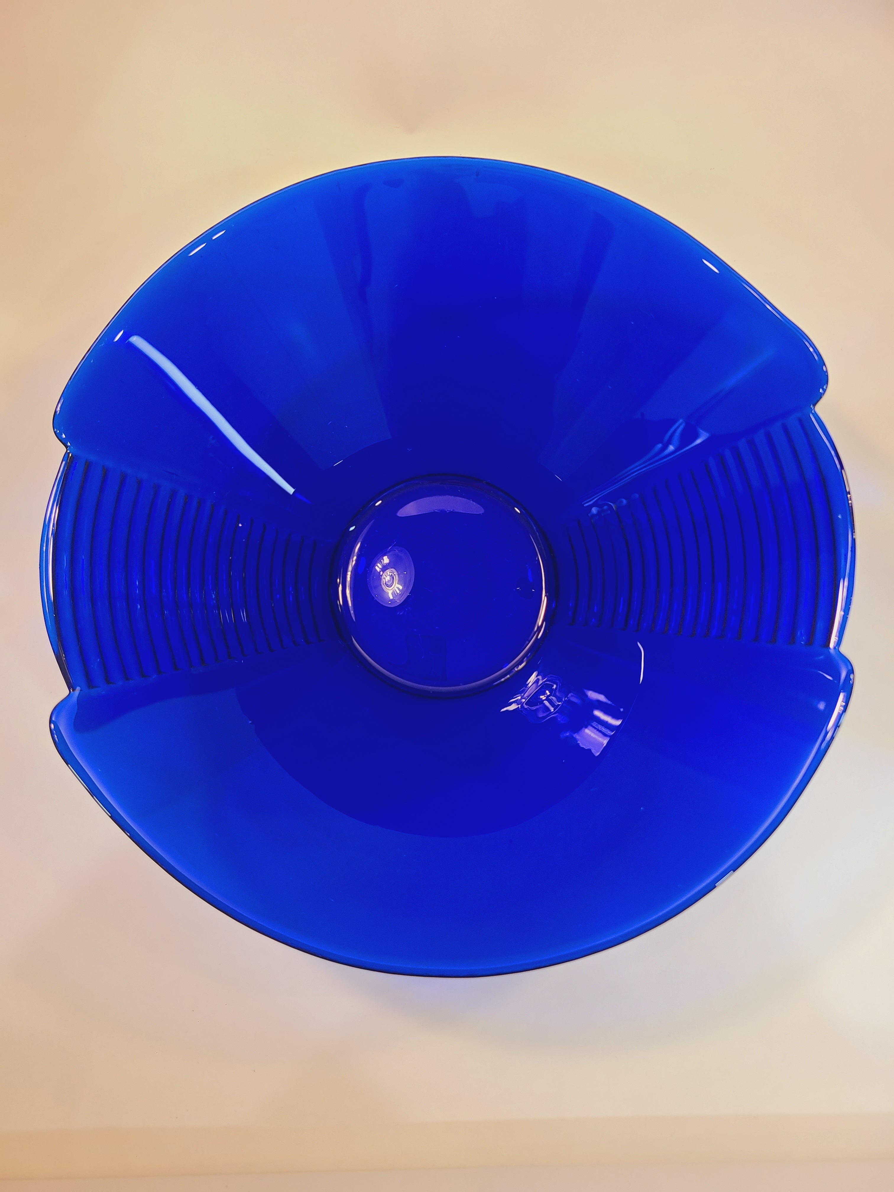 Mid-century Cobalt Blue Glass Serving Bowl late 1960s-earlly 1970s shown from above