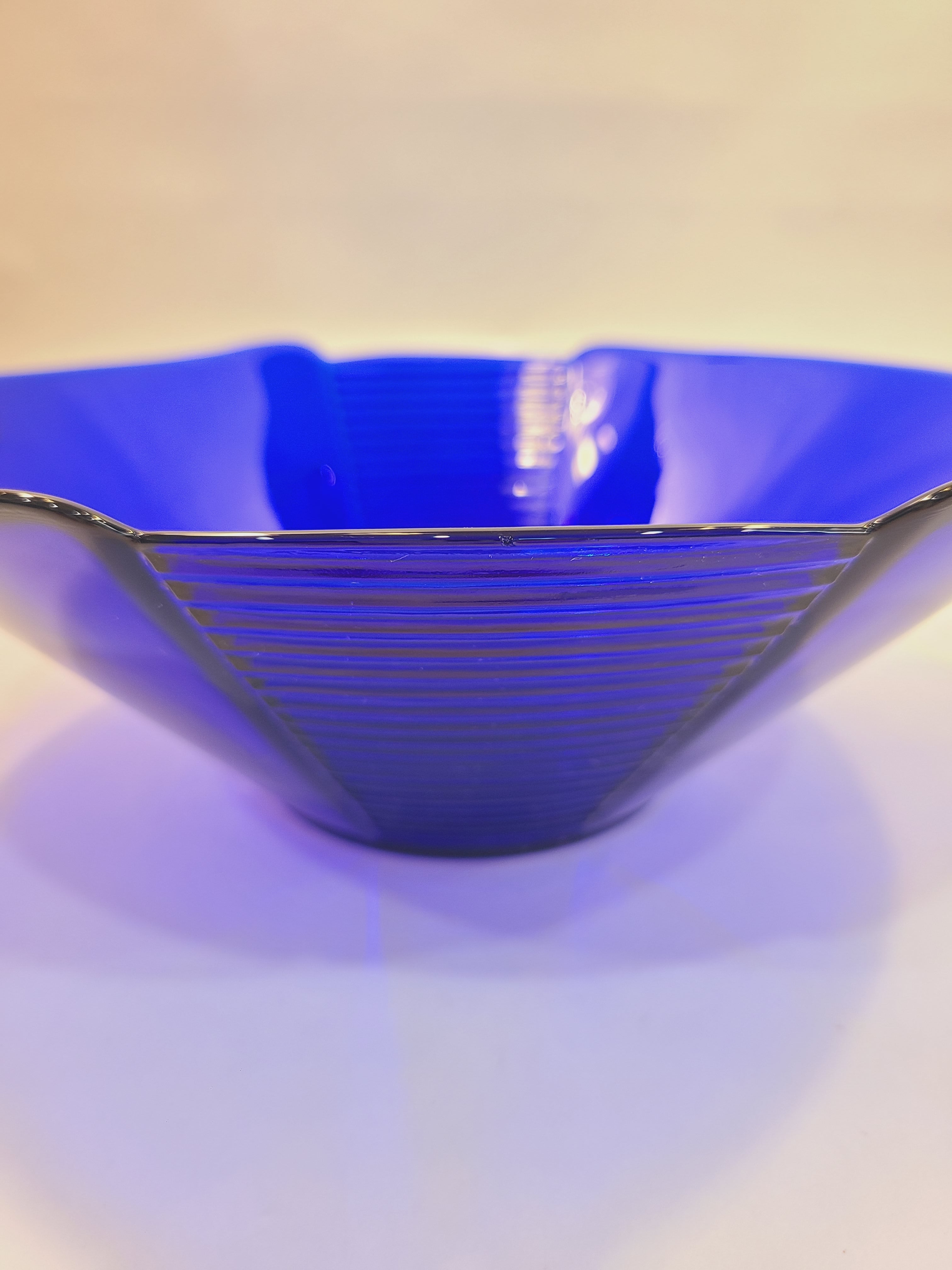 Close up of ridges on Mid-century Cobalt Blue Glass Serving Bowl late 1960s-earlly 1970s